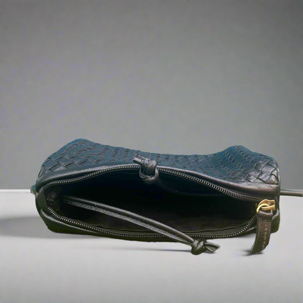 Simone Leather Woven Crossbody Handbag – Black – Handmade Full Grain Leather