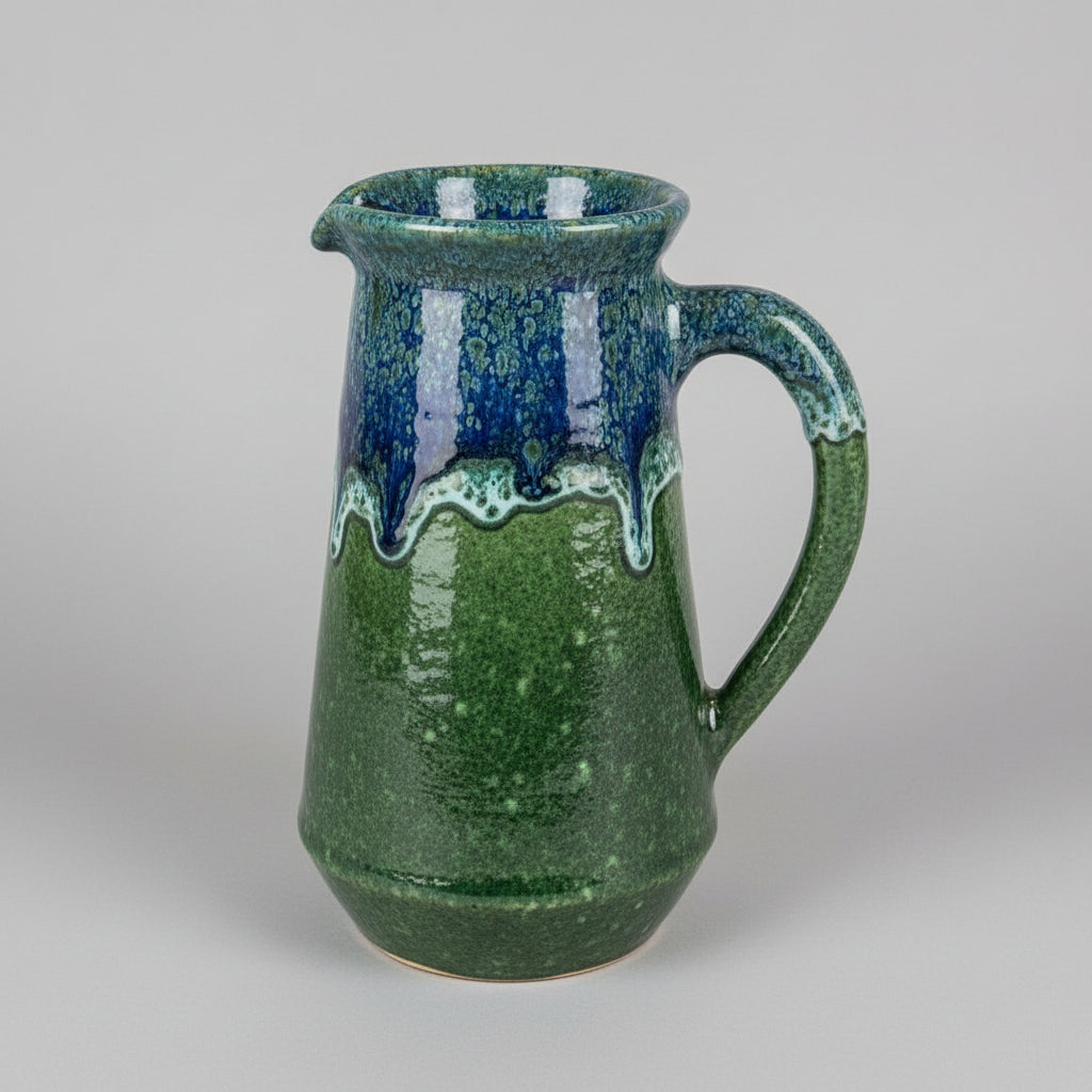 Handmade Moroccan Ceramic Pitcher – Green with Blue Drip Glaze (23 cm)