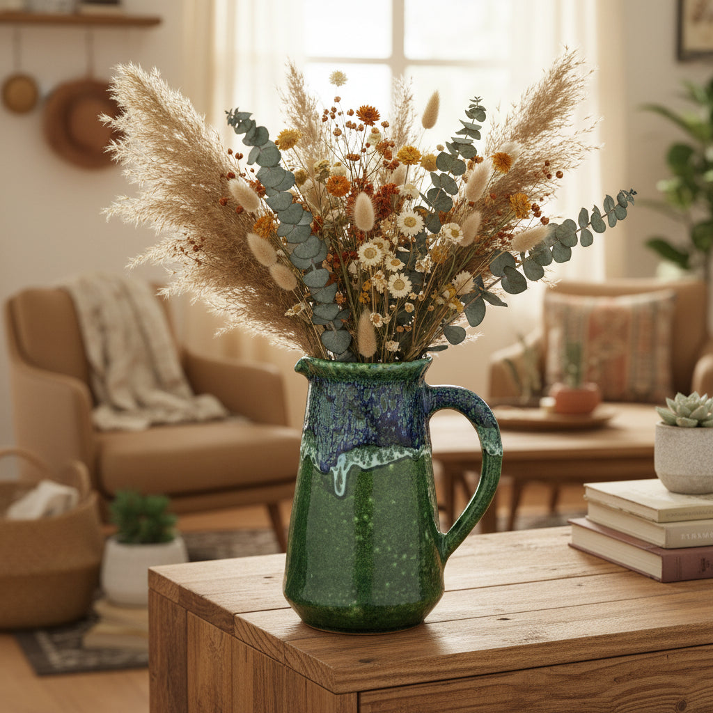 Handmade Moroccan Ceramic Pitcher – Green with Blue Drip Glaze (23 cm)