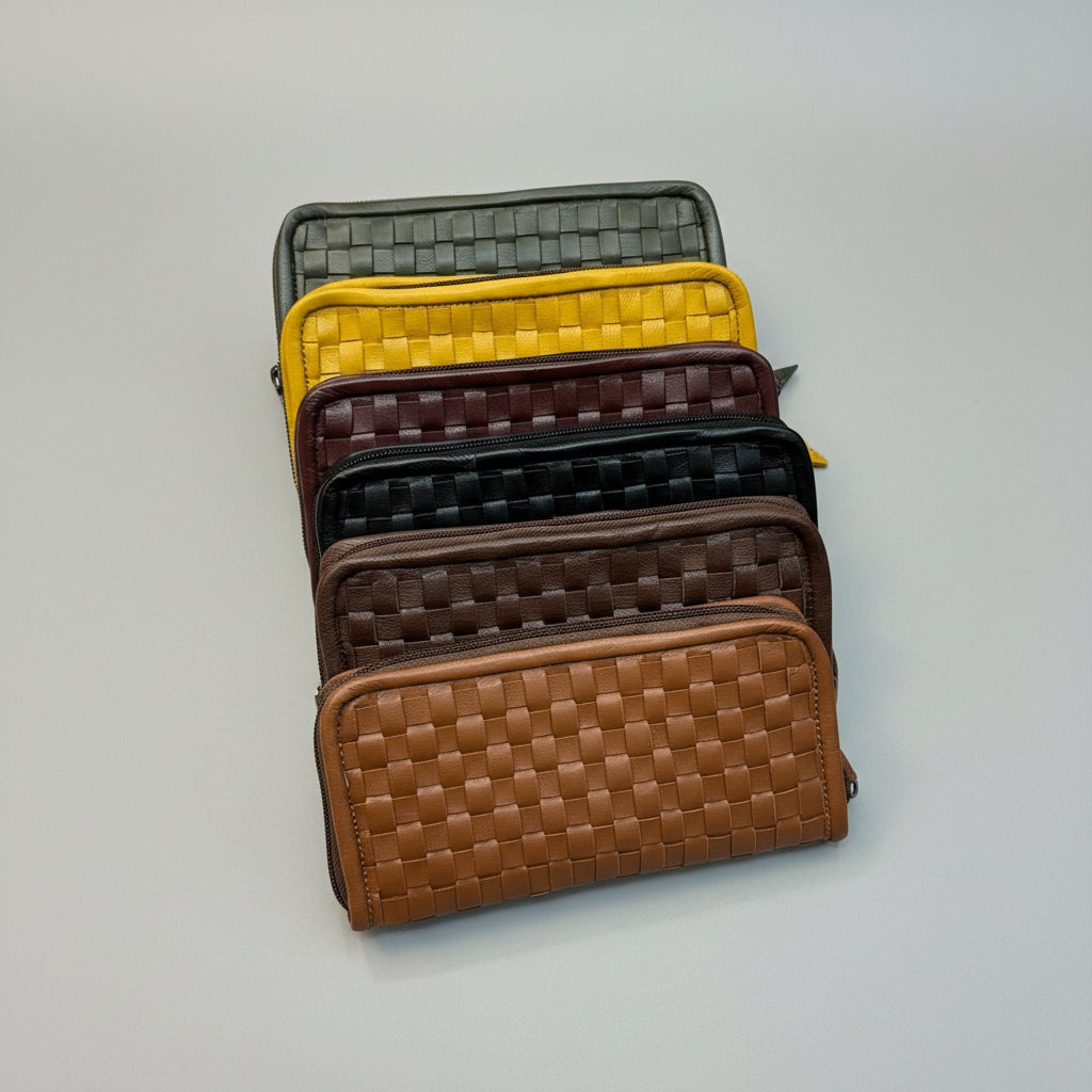 Handwoven Leather Zip-Around Clutch Wallet – Artisan Made (6 Colours)