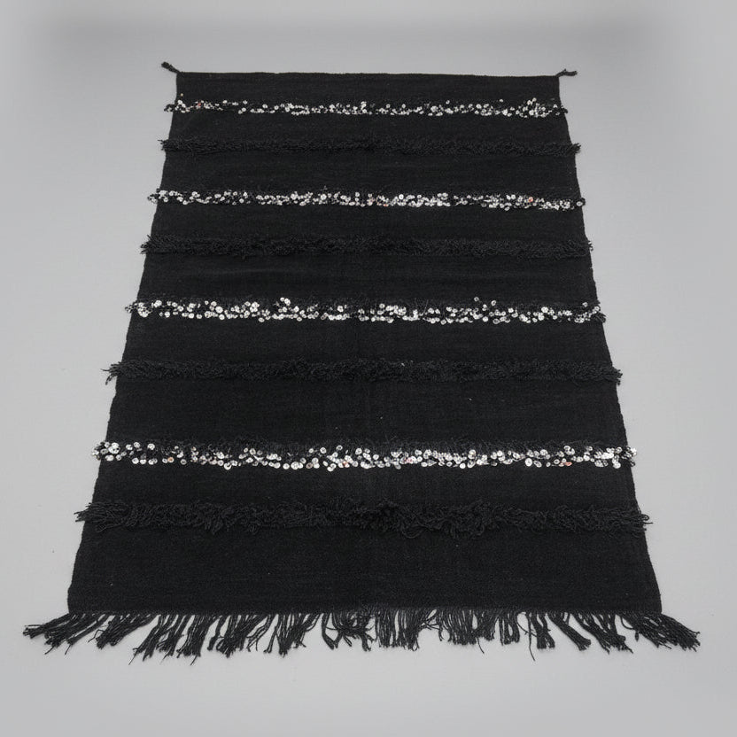 Vintage Black Moroccan Handira Wedding Blanket – Berber Sequin Throw