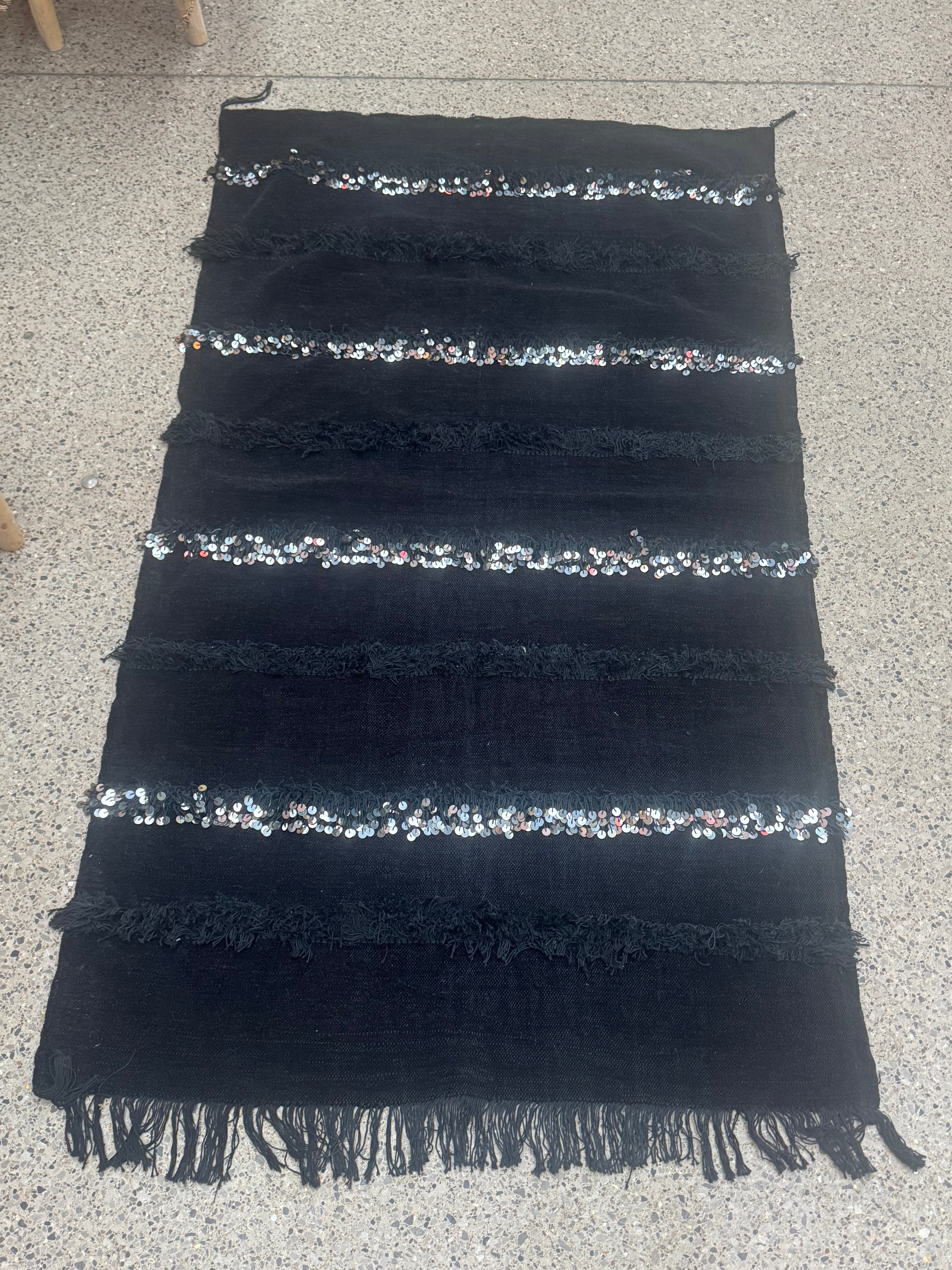 Vintage Black Moroccan Handira Wedding Blanket – Berber Sequin Throw
