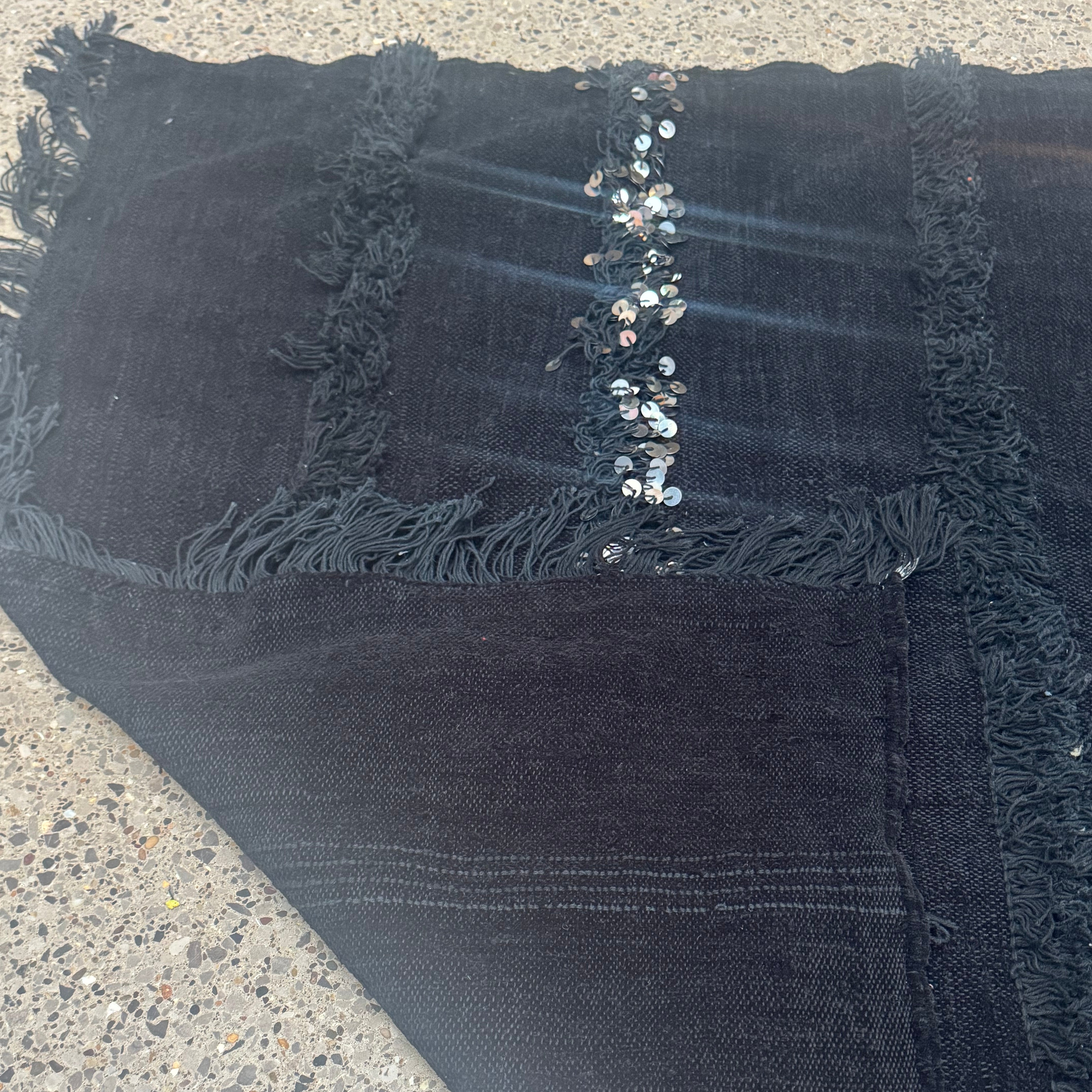 Vintage Black Moroccan Handira Wedding Blanket – Berber Sequin Throw