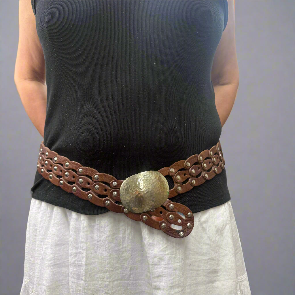 Artisan Large Link Leather Belt with Hammered Silver Buckle