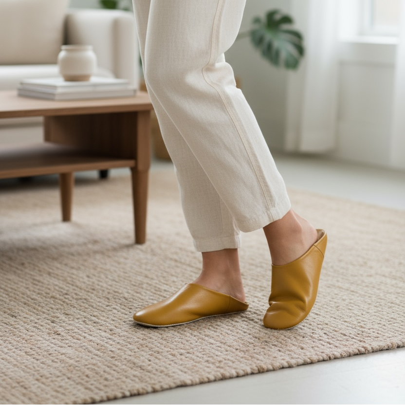 Herren-Slipper aus Leder in Senfgelb