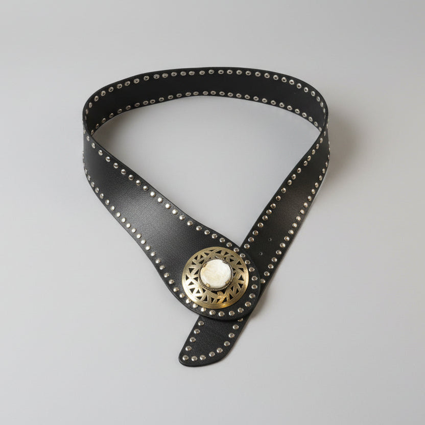 Black Boho Studded Leather Belt – Full-Grain Leather with Horn & Metal Buckle