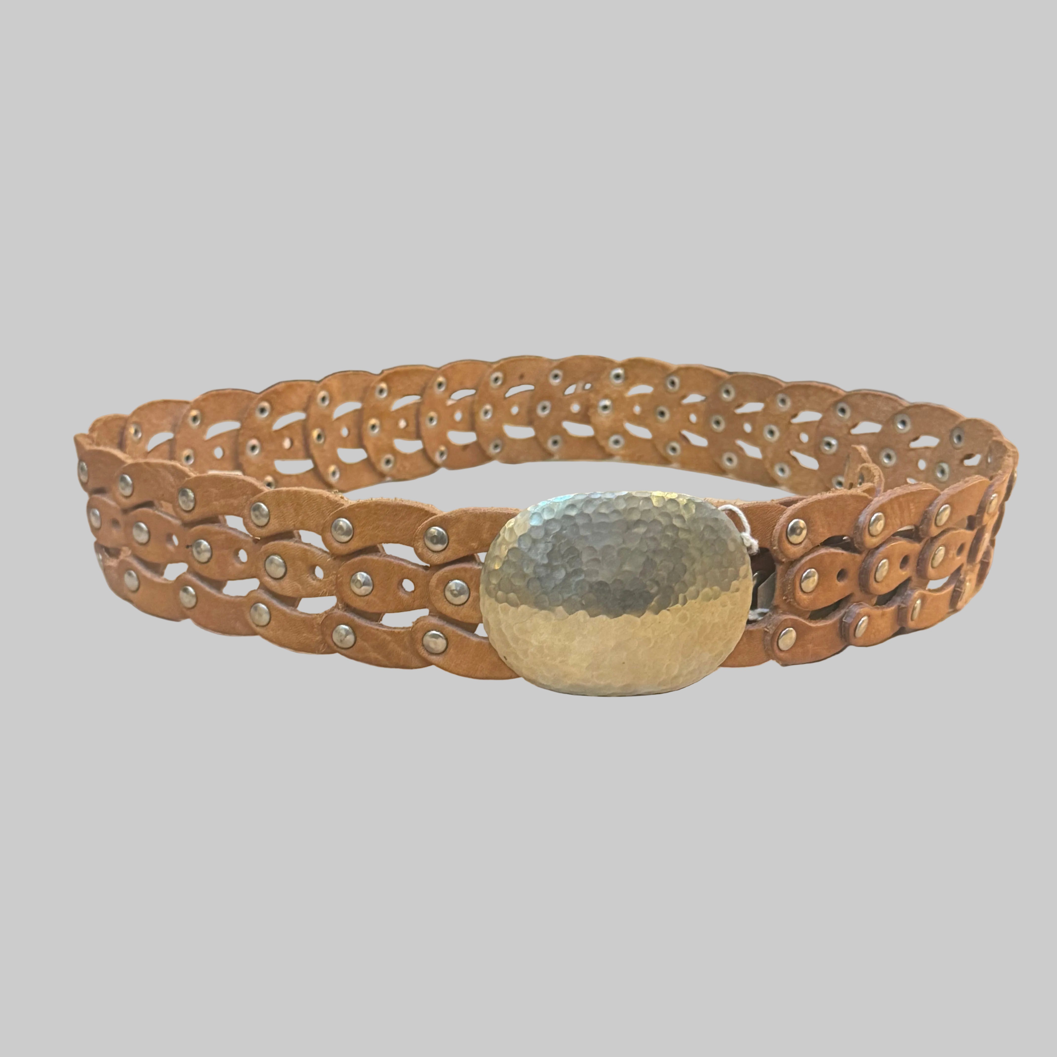 Artisan Large Link Leather Belt with Hammered Silver Buckle