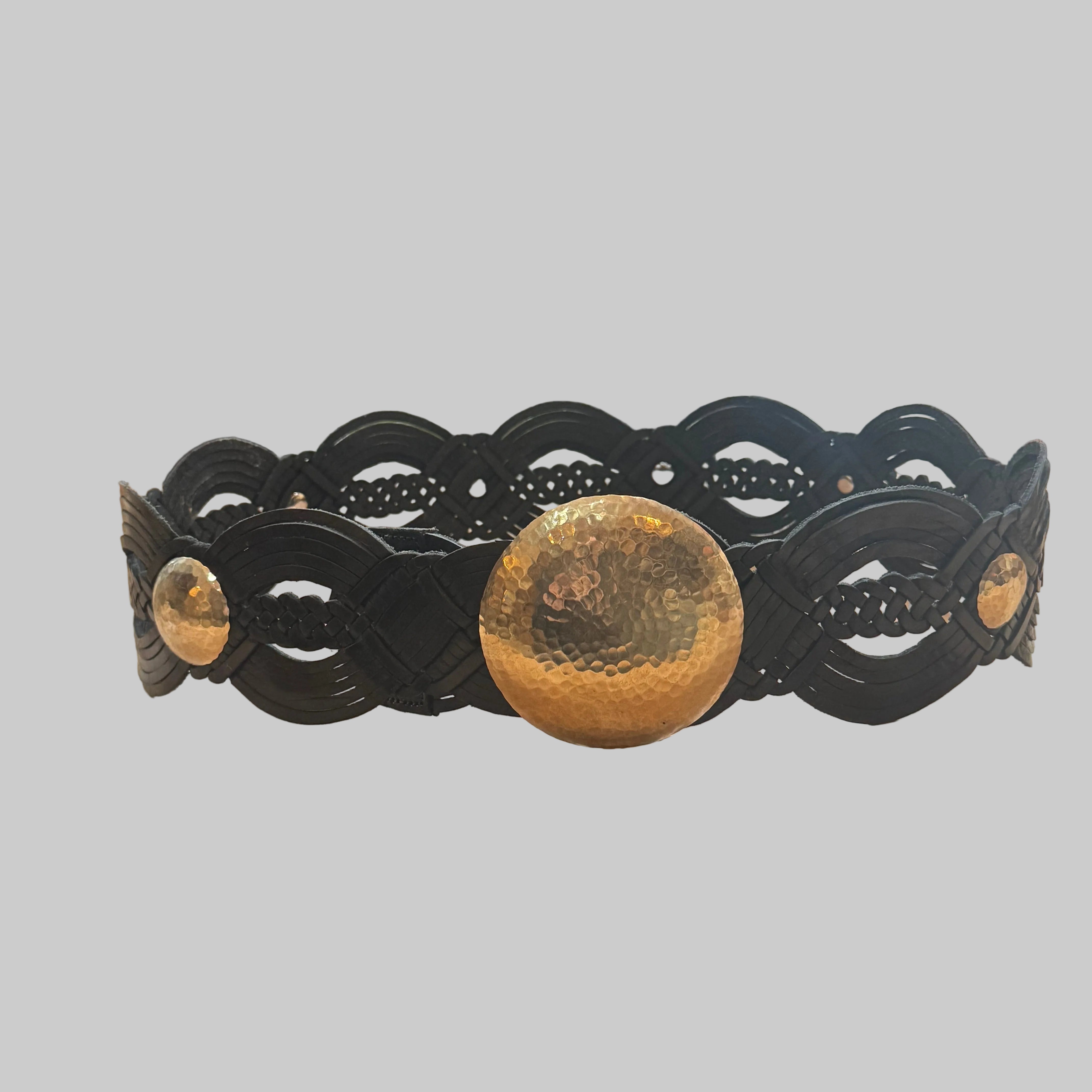 Black Boho Woven Leather Belt with Silver Buckle