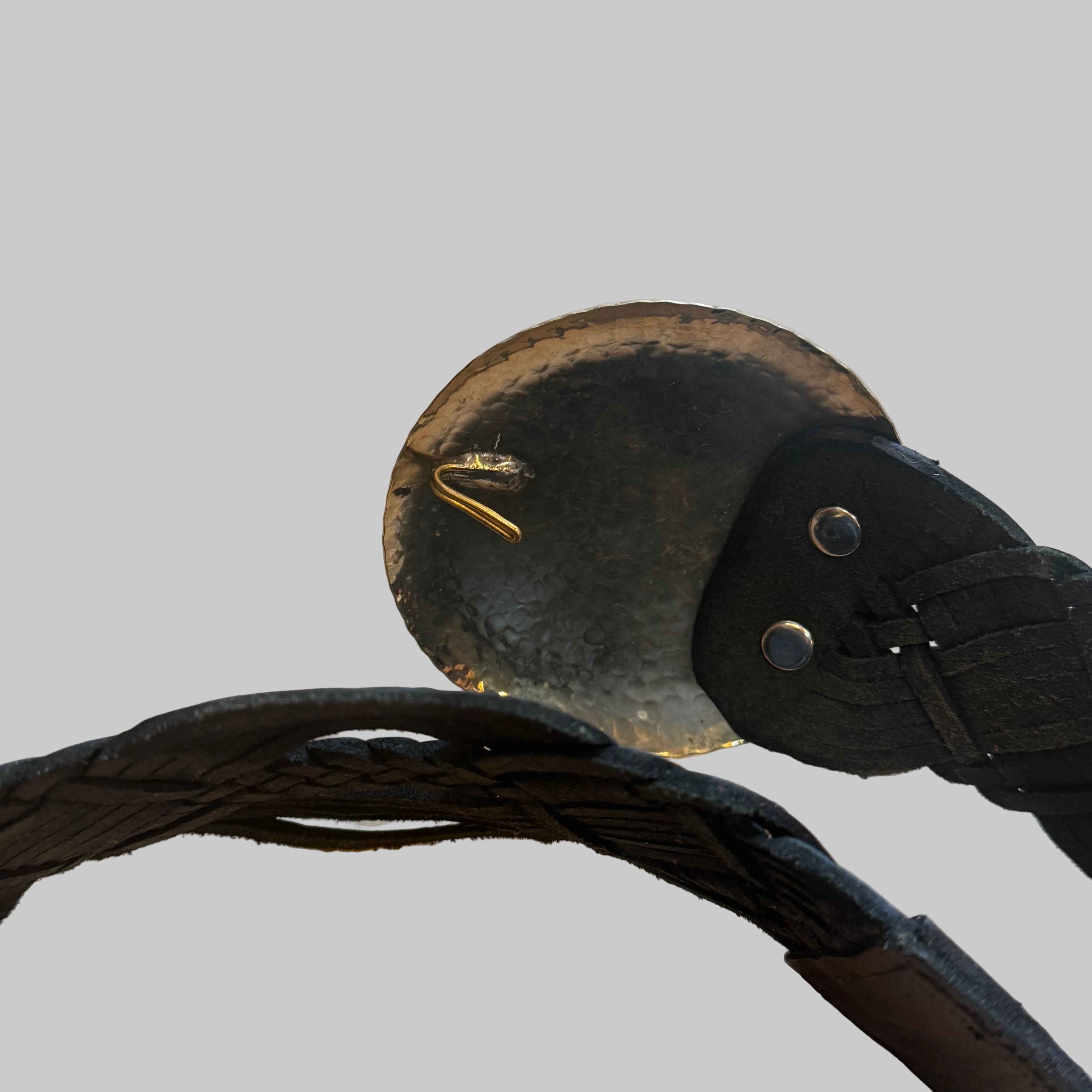 Black Boho Woven Leather Belt with Silver Buckle