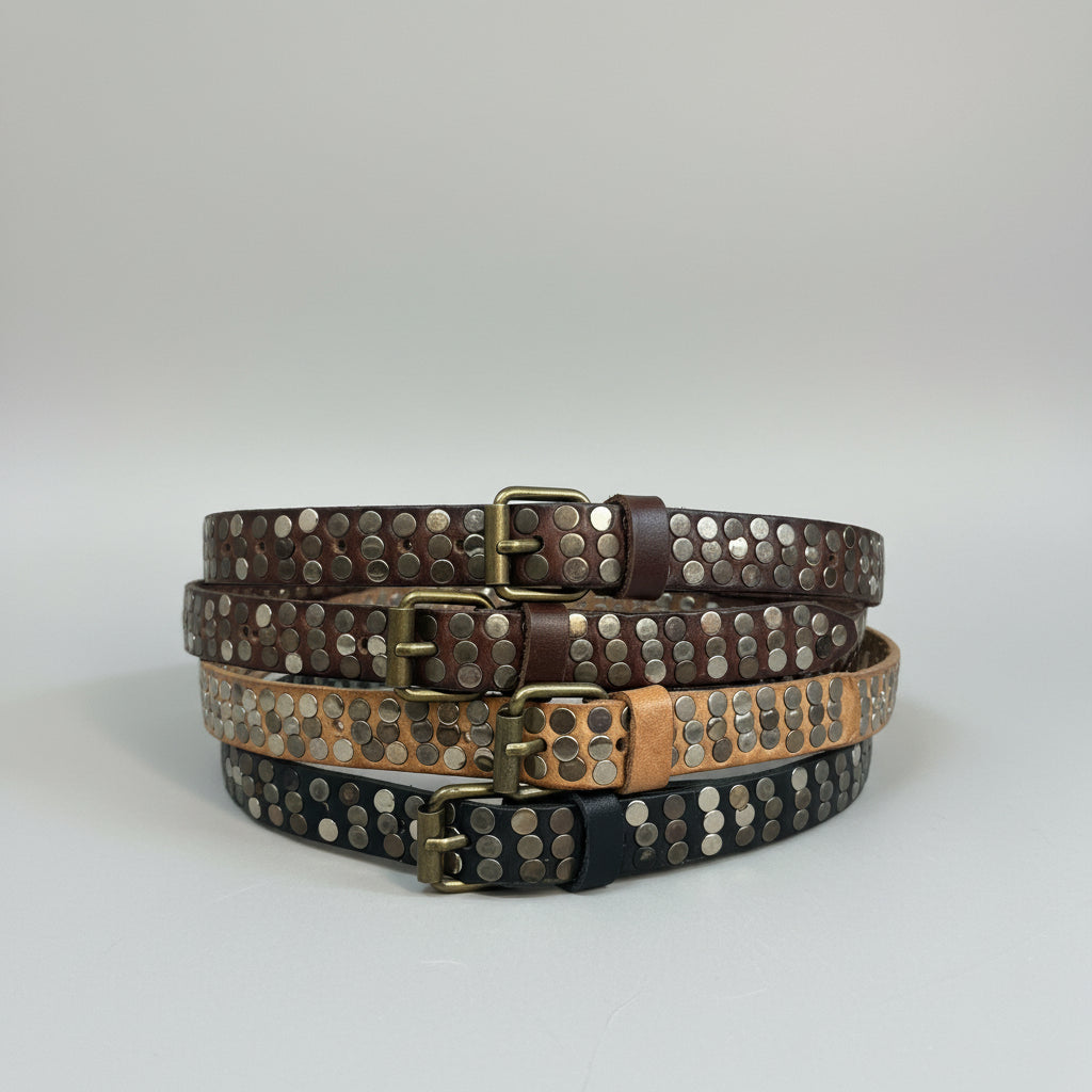 Slim Studded Leather Belt – Hand-Riveted Artisan Edition (2 cm)