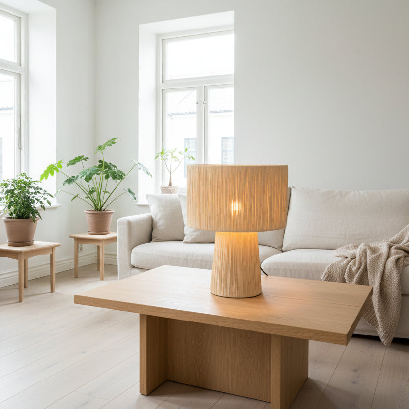 Handwoven Raffia Column Table Lamp – Moroccan Artisan Light