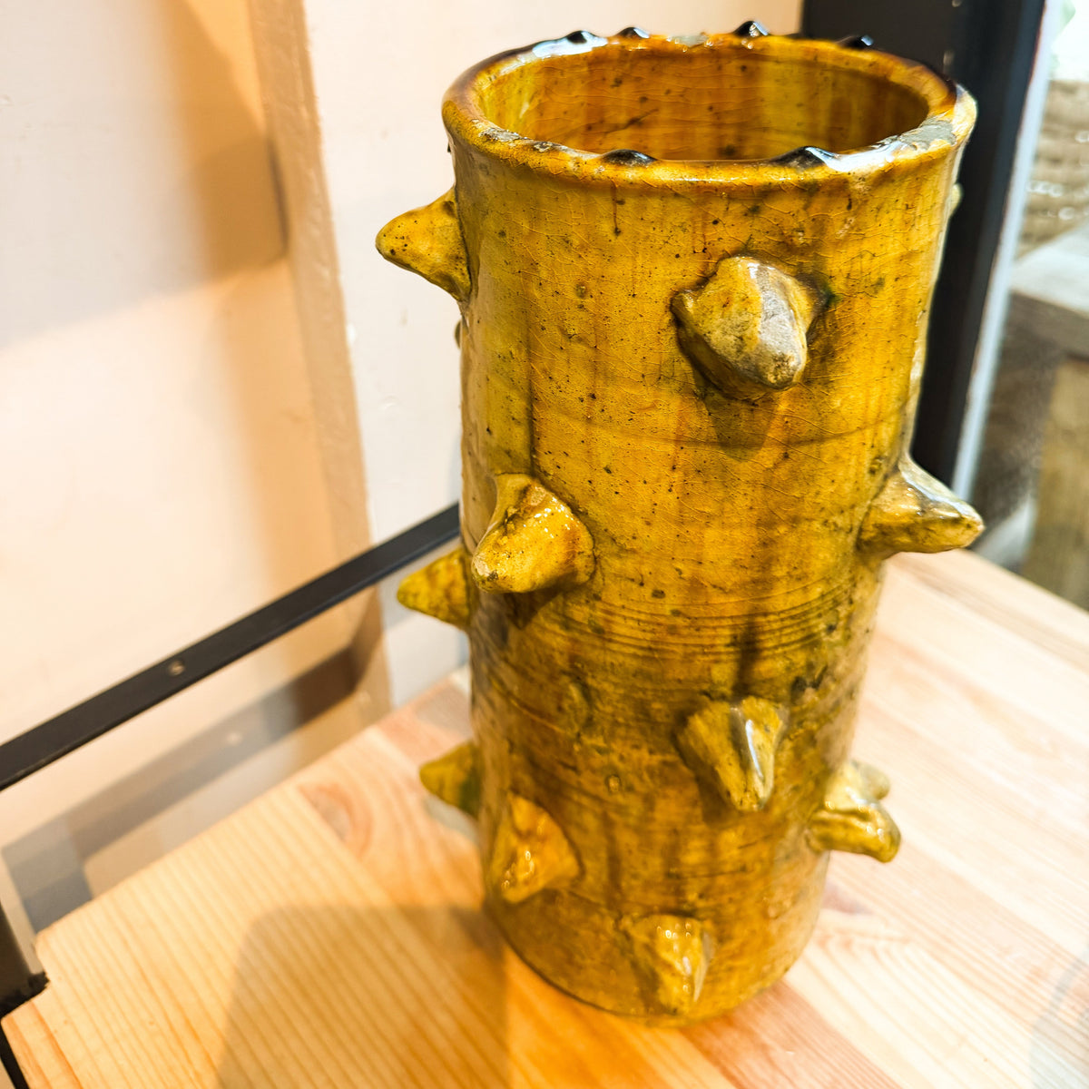 Handcrafted Tamegroute Mustard Yellow Spiked Ceramic Vase
