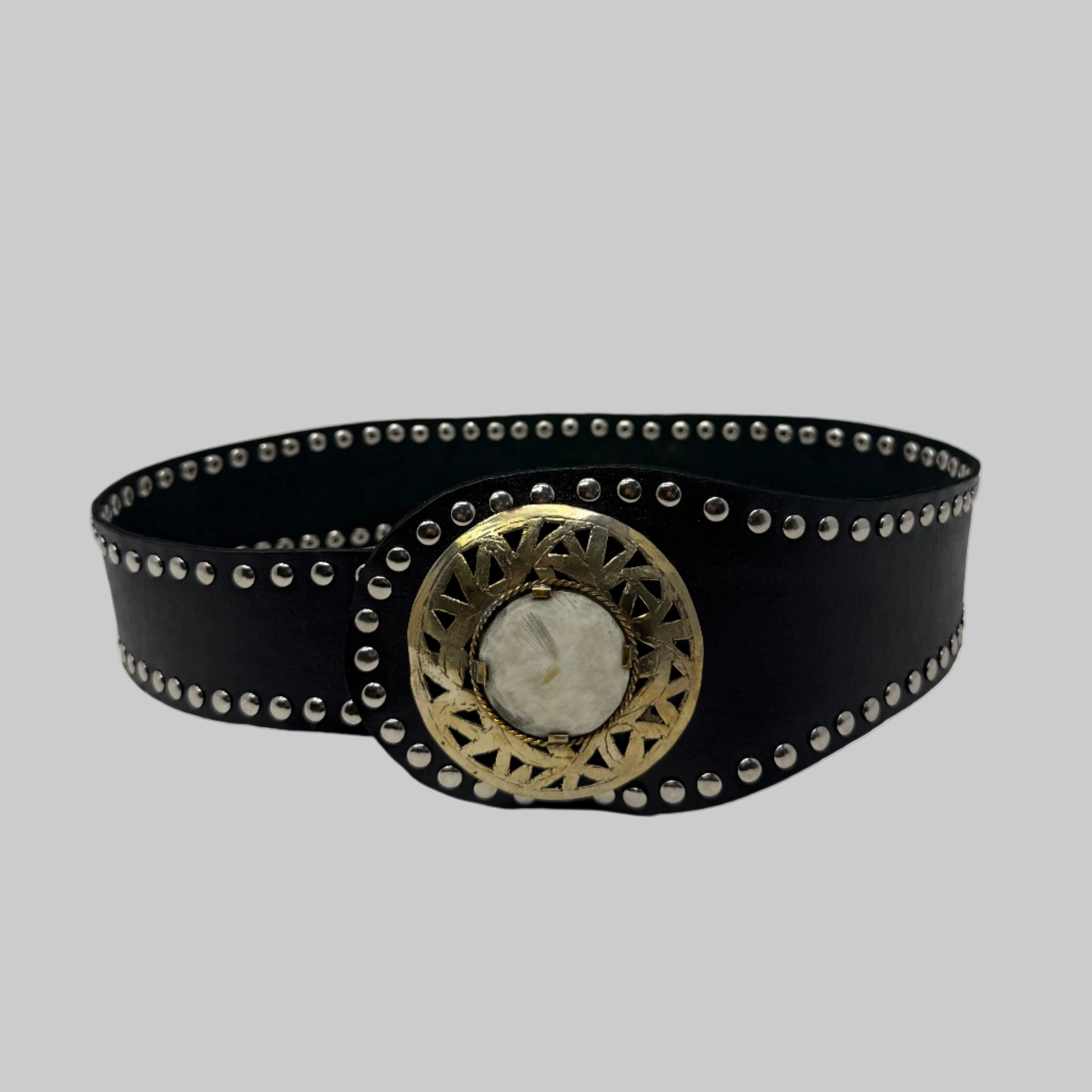 Black Boho Studded Leather Belt – Full-Grain Leather with Horn & Metal Buckle