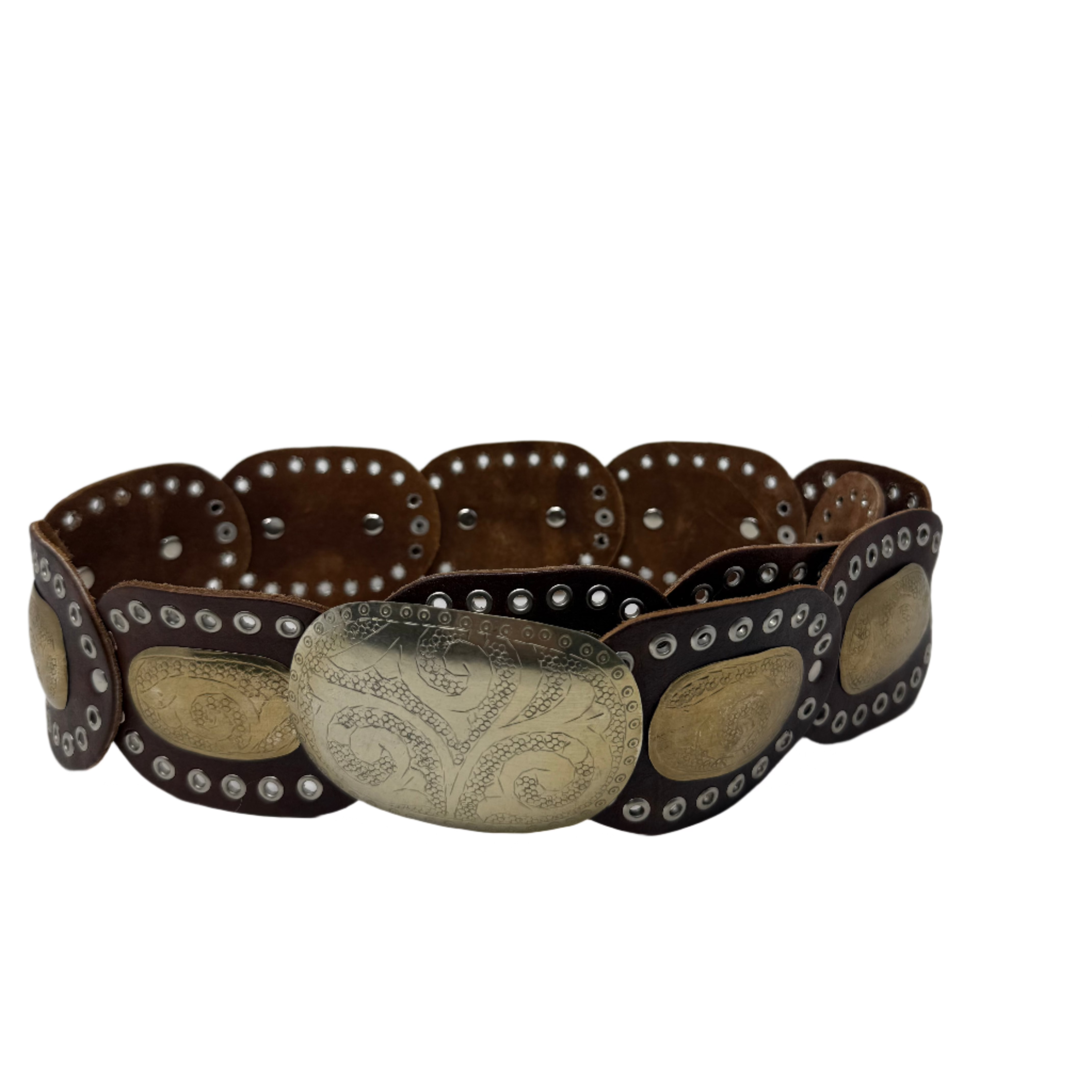 Boho Moroccan Leather oval disc Belt – Dark Brown with Gold & Silver Detailing