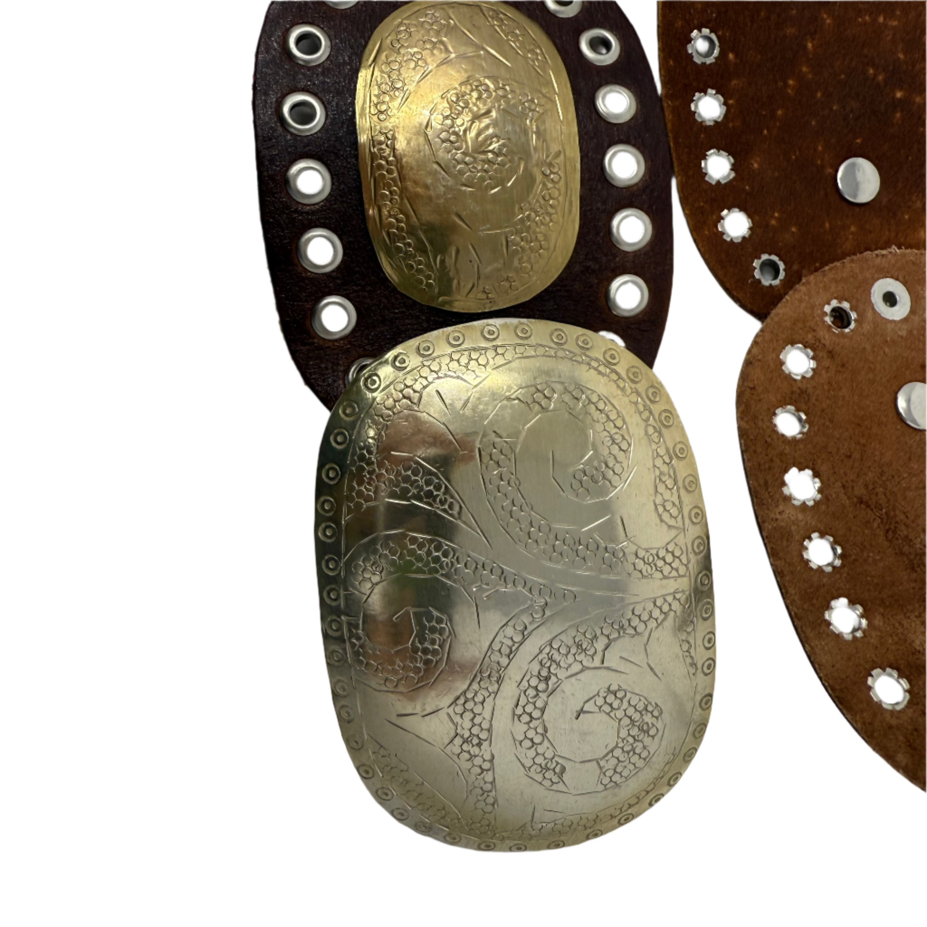 Boho Moroccan Leather oval disc Belt – Dark Brown with Gold & Silver Detailing