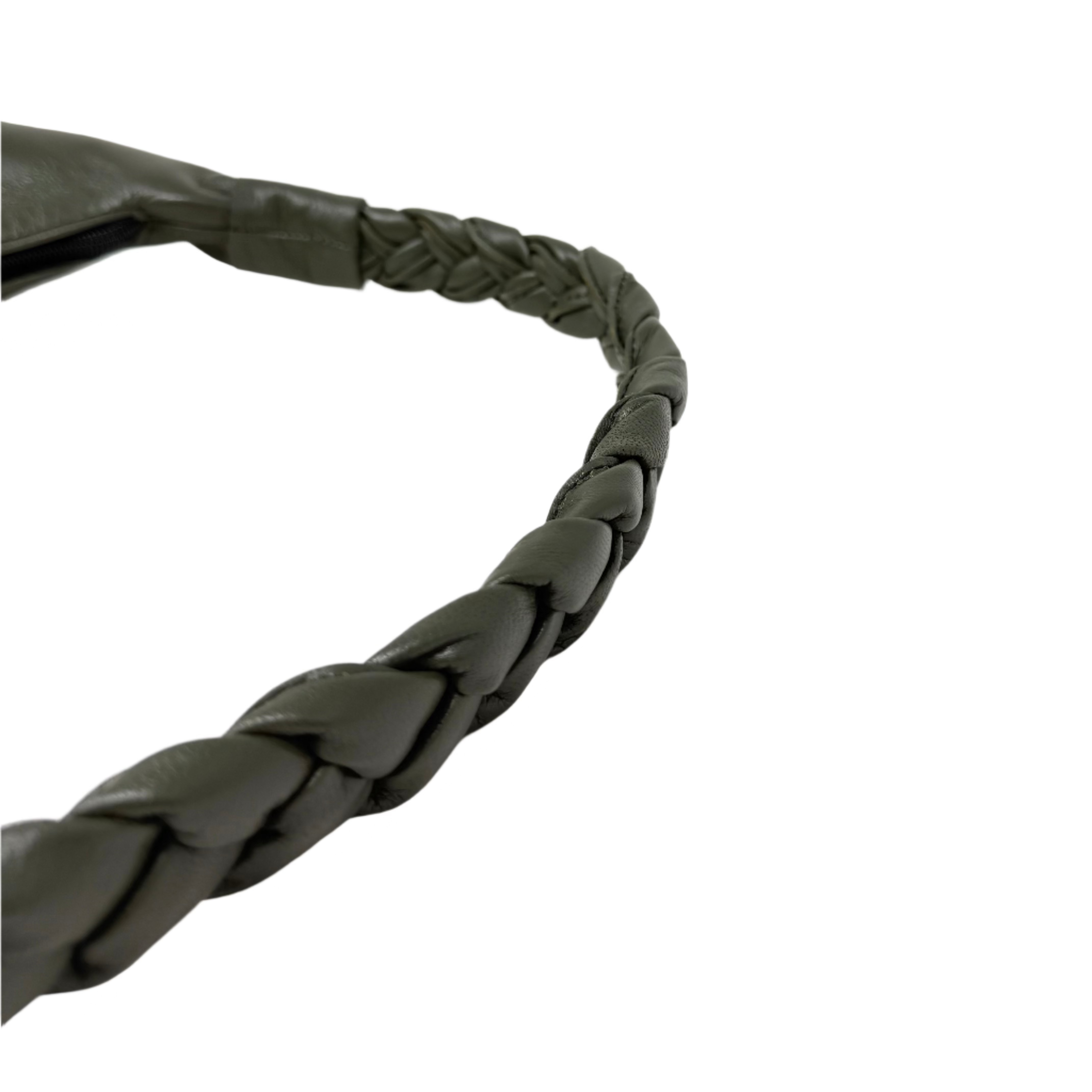 Olive Green Half Moon Leather Shoulder Bag – Handmade with Braided Handle