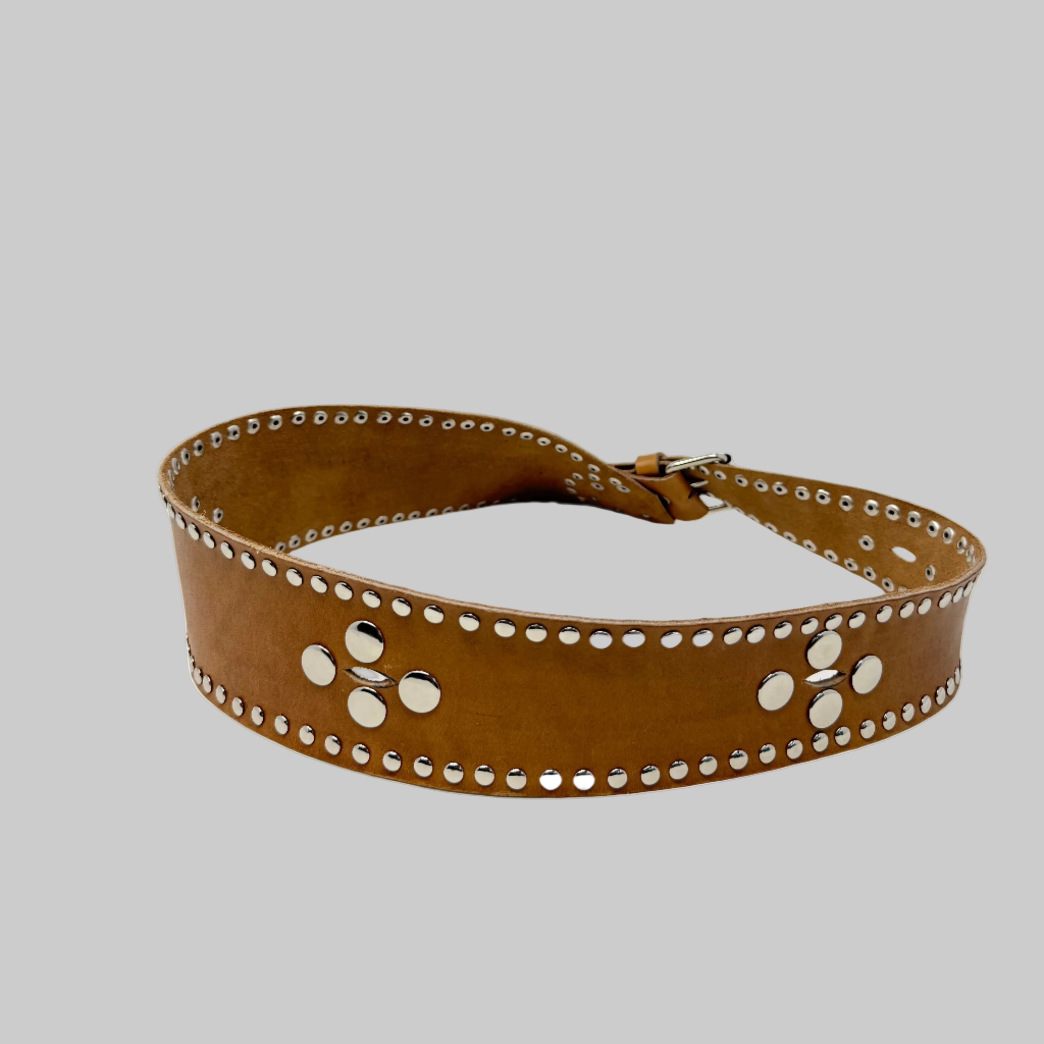 Handcrafted Studded Leather Belt – Wide Tan Artisan Statement Belt