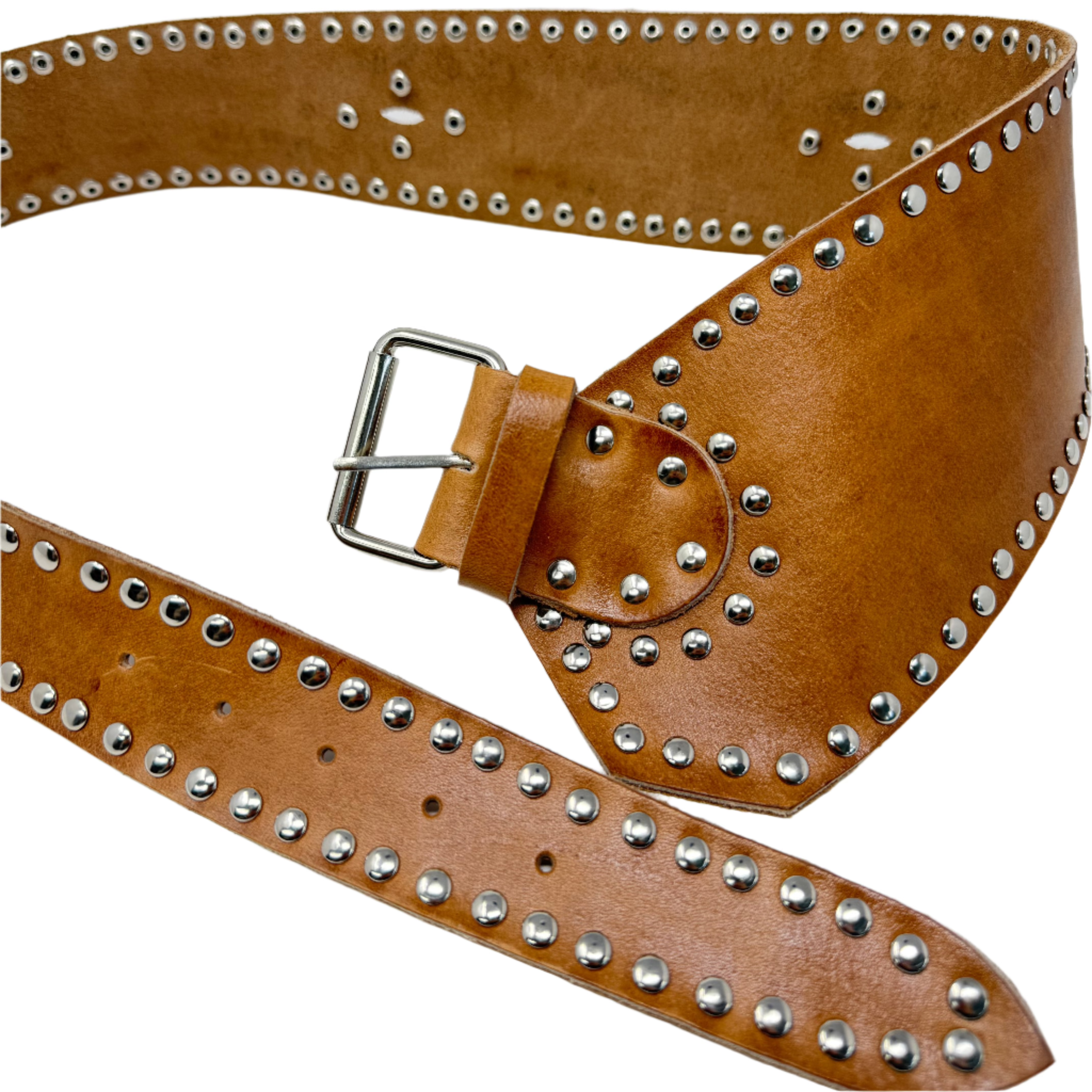 Handcrafted Studded Leather Belt – Wide Tan Artisan Boho Belt