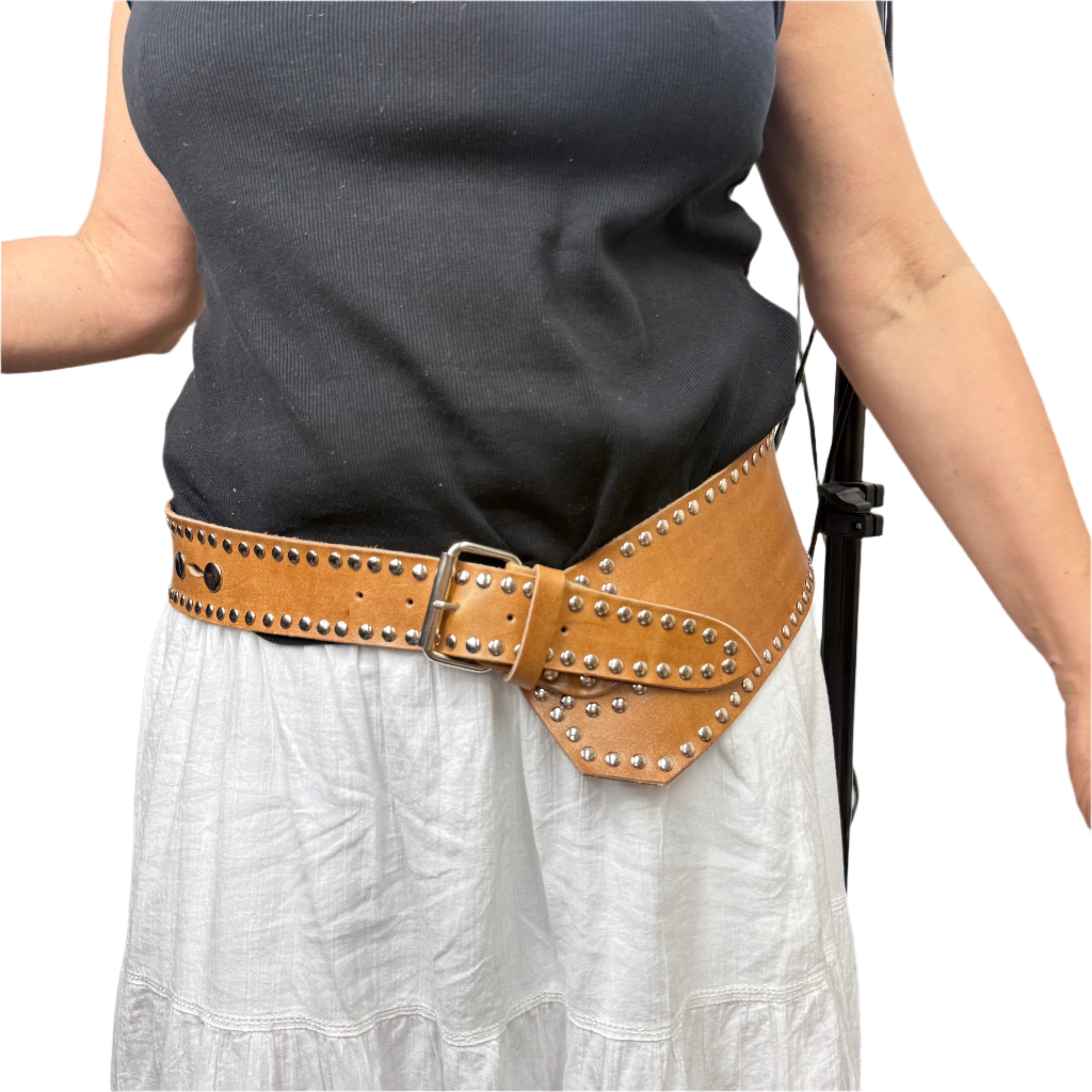 Tan Asymmetric Leather Studded Moroccan Belt