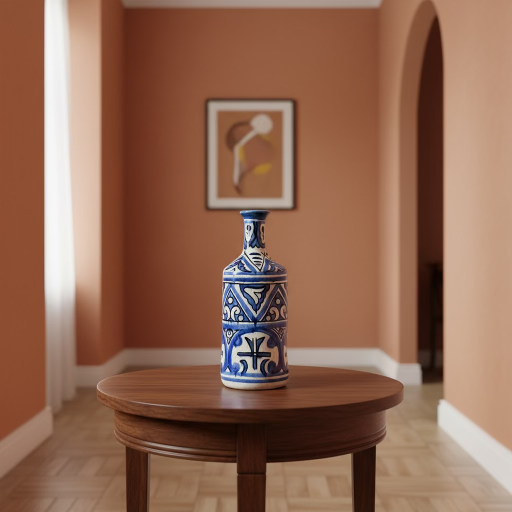 Hand-Painted Ceramic Vase – Blue Geometric 29cm