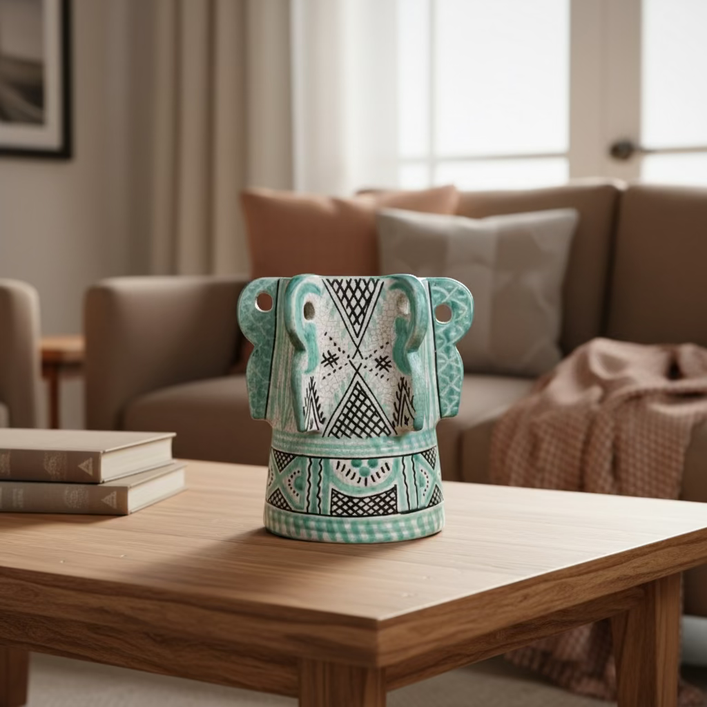 Hand-Painted Ceramic Vase – Turquoise Geometric Design 17cm