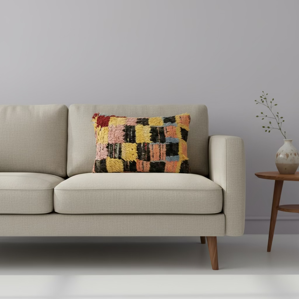 Handwoven Boujaad Cushion Cover – Multicolour Patchwork 57×39cm