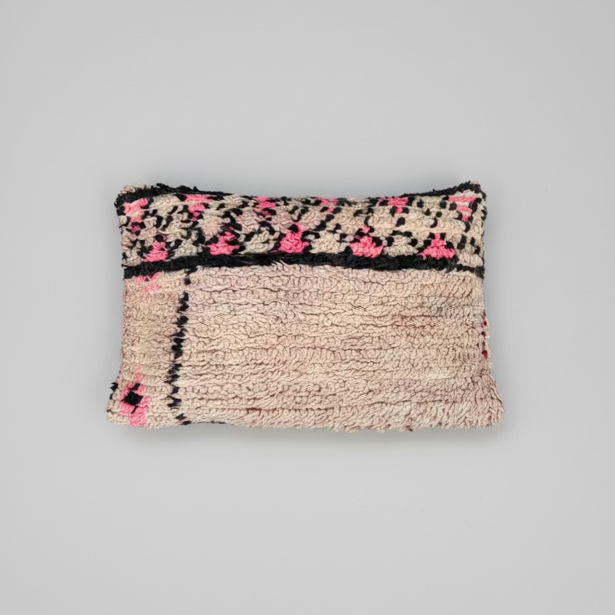 Handmade Boujaad Cushion Cover – Blush, Pink & Black Pattern 57×39cm