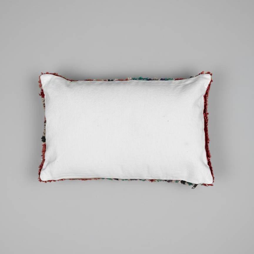 Handmade Boujaad Cushion Cover – Red, Teal & Cream Geometric 57×39cm