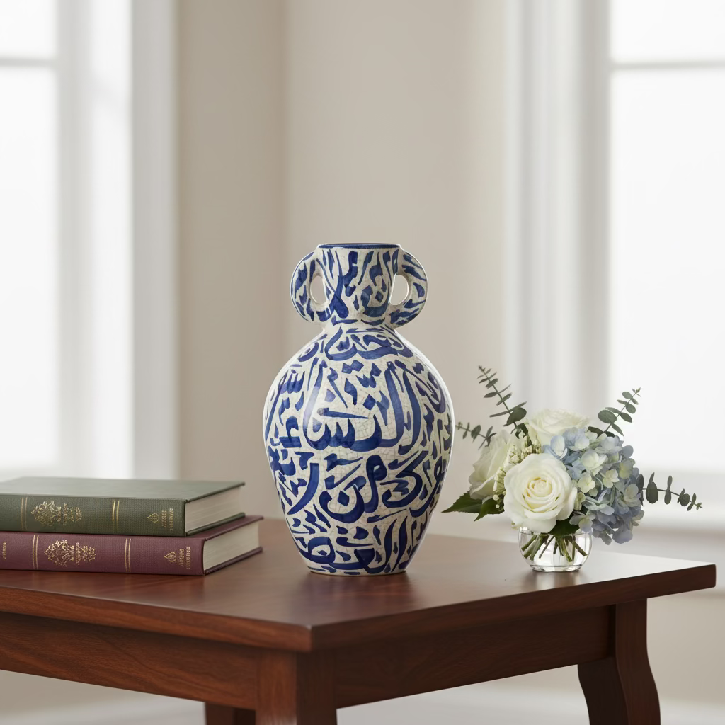 Hand-Painted Moroccan Calligraphy Vase – Indigo Ceramic Art (28cm)