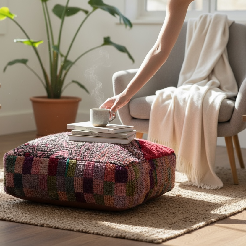 Vintage Boujad Pouffe – Red & Pink Medallion with Multicolour Check Base (60 × 60 × 20 cm)