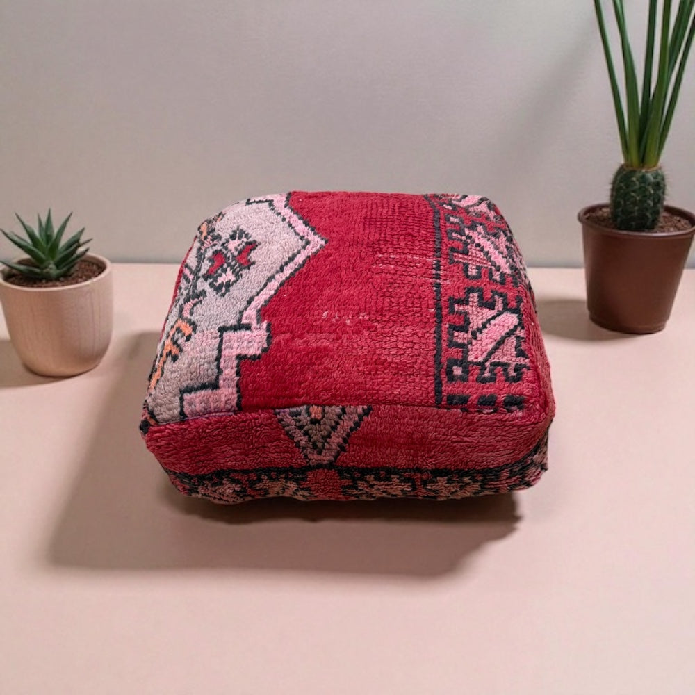 Vintage Boujad Pouffe – Red with Soft Pink Tribal Motif & Bold Border (60 × 60 × 20 cm)