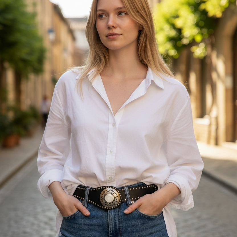 Black Boho Studded Leather Belt – Full-Grain Leather with Horn & Metal Buckle