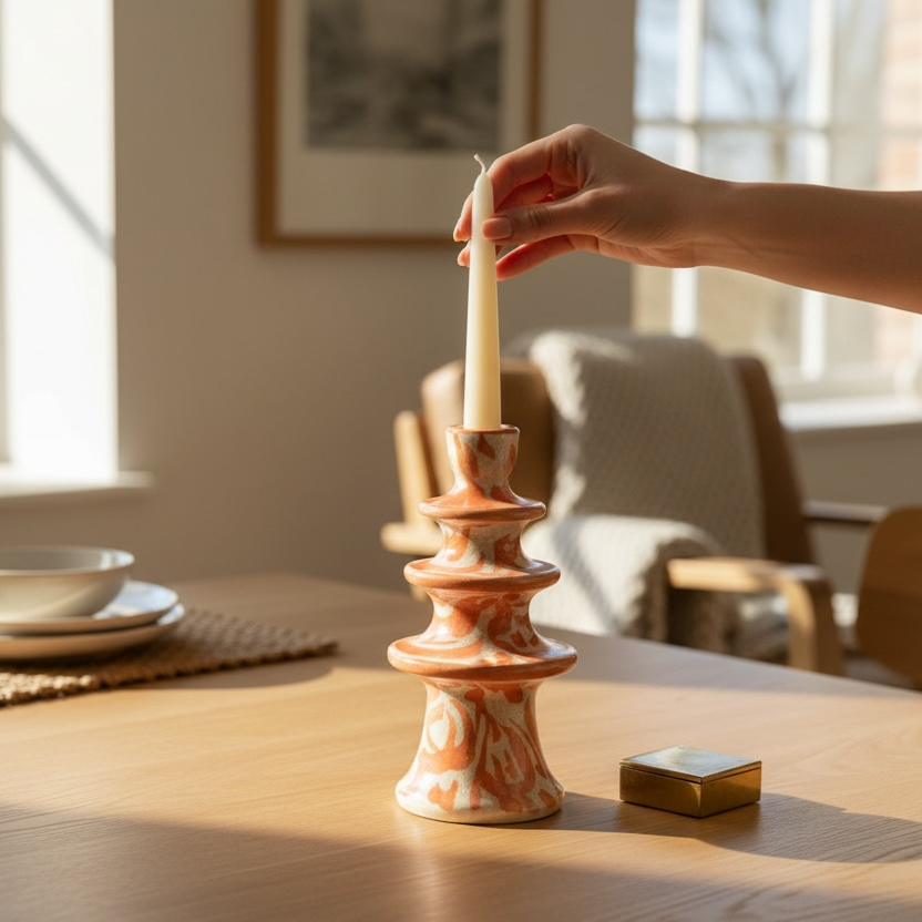 Person lighting a candle in a wooden holder on a table with a cozy room background
