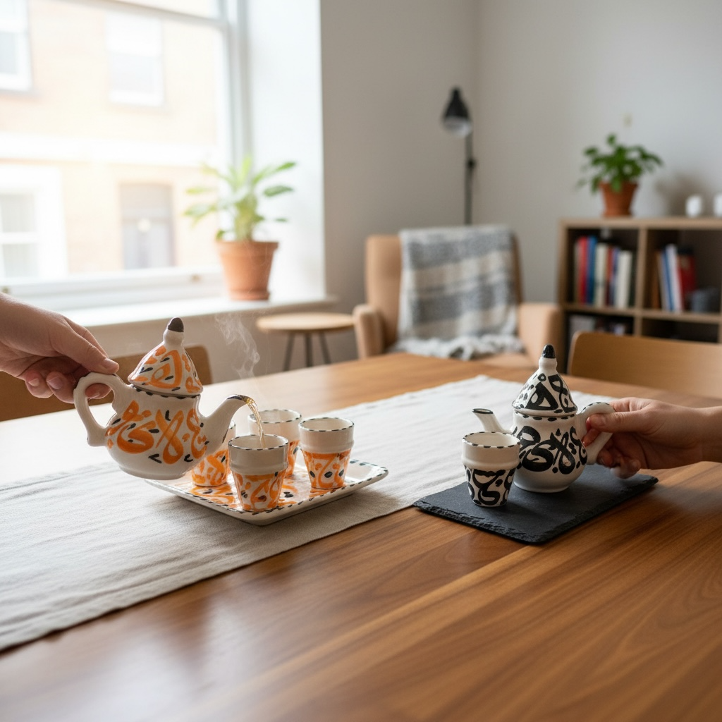 Hand-Painted Moroccan Ceramic Tea Set – Tray, Teapot & 2 Cups