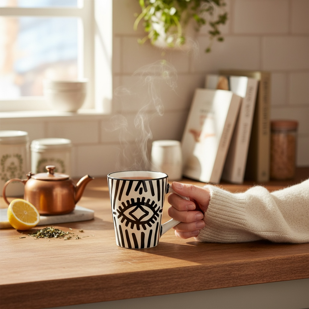 Hand-Painted Moroccan Ceramic Mug – Geometric Eye Motif – 5 Colour Variants