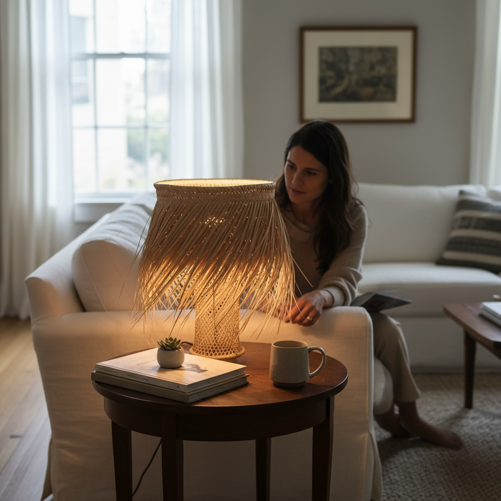 Handwoven Palm Leaf Fringed Table Lamp – Moroccan Artisan Lighting