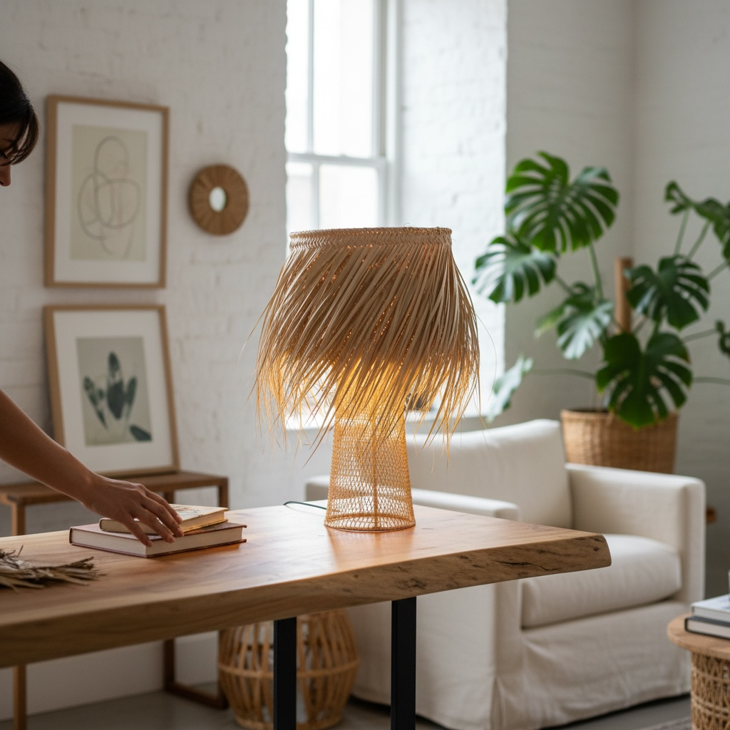 Handwoven Palm Leaf Fringed Table Lamp – Moroccan Artisan Lighting