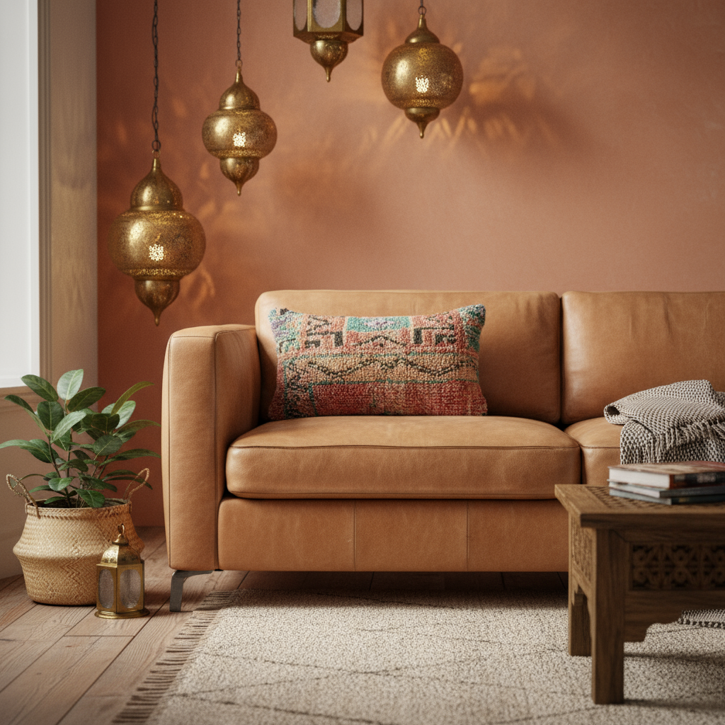 Handwoven Boujaad Cushion Cover – Terracotta & Teal Pattern 57×39cm