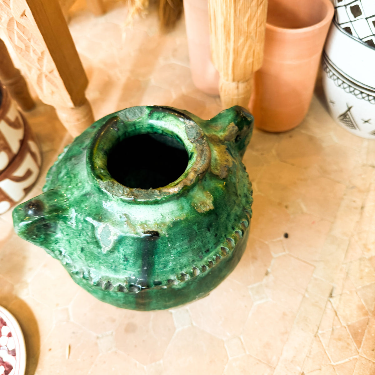Tamegroute Green Pottery jar with handles