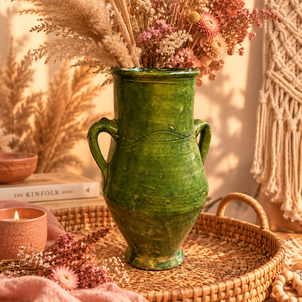 Tall emerald green Tamegroute ceramic amphora vase with double handles