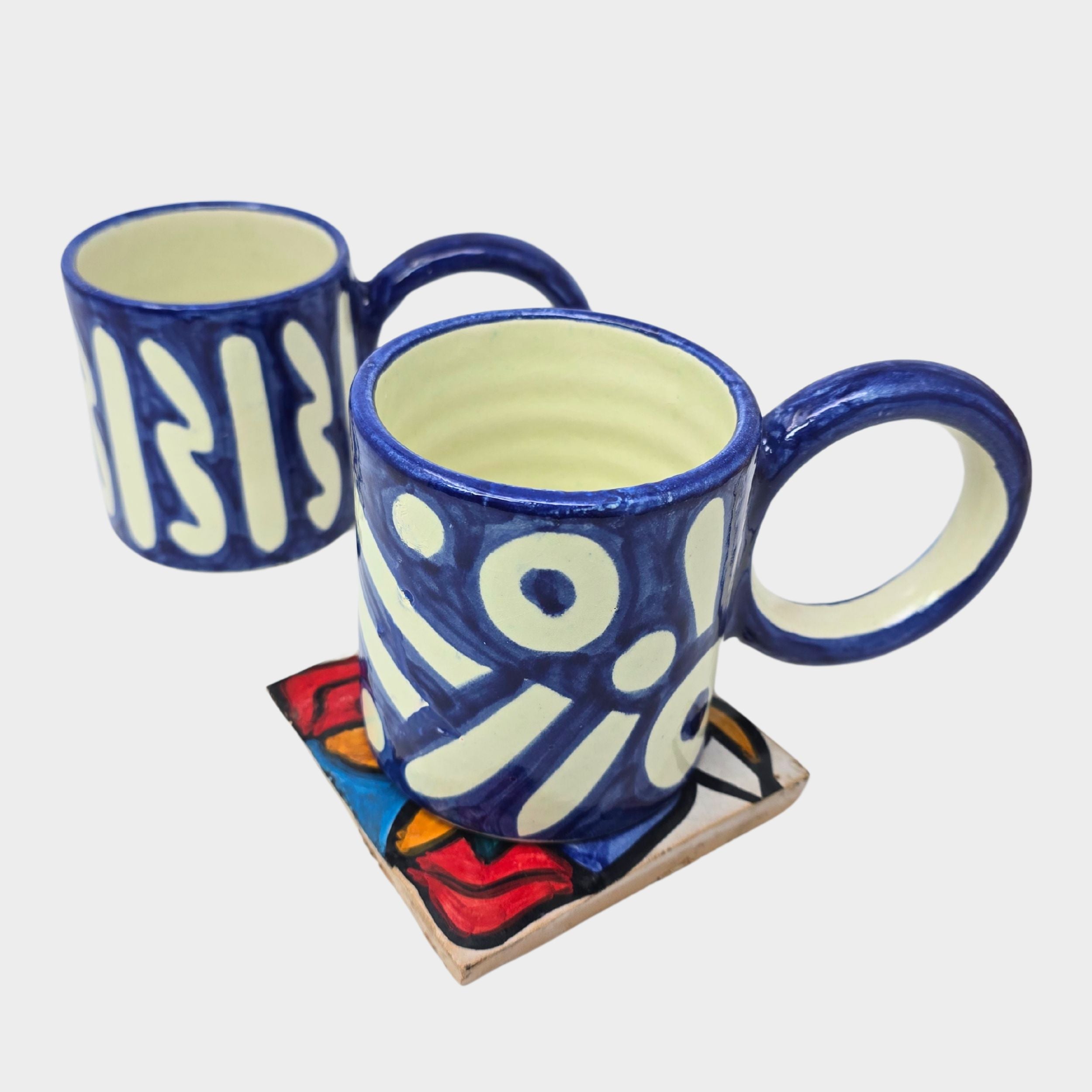 Blue Hand-painted Round Handle Terracotta Mug