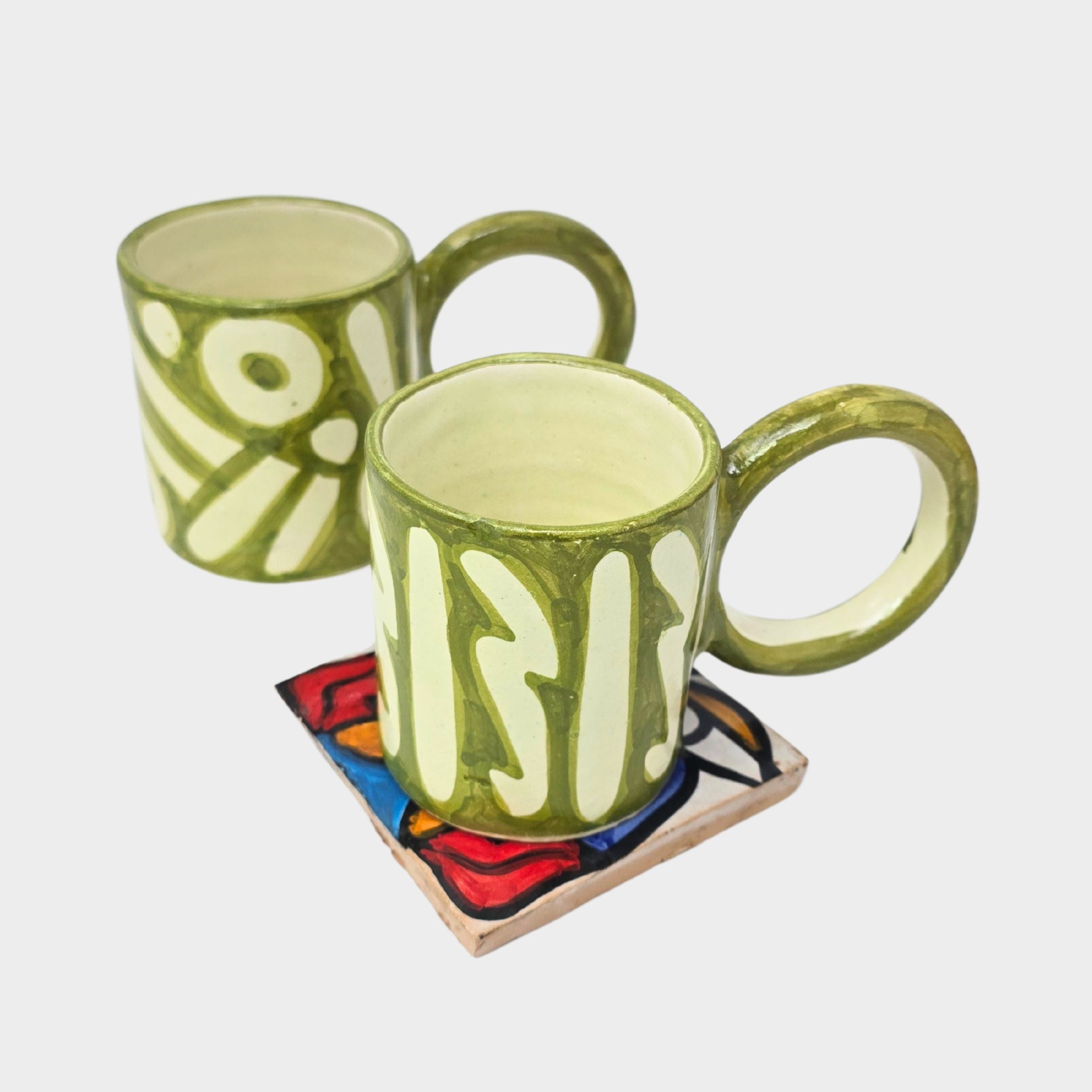 Green Hand-painted Round Handle Terracotta Mug