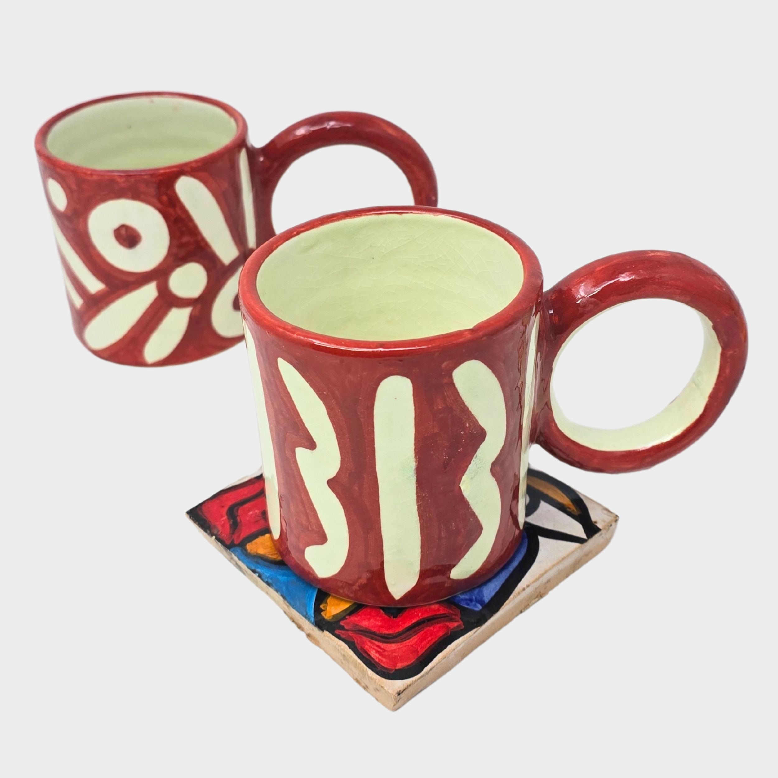 Red Hand-painted Round Handle Terracotta Mug