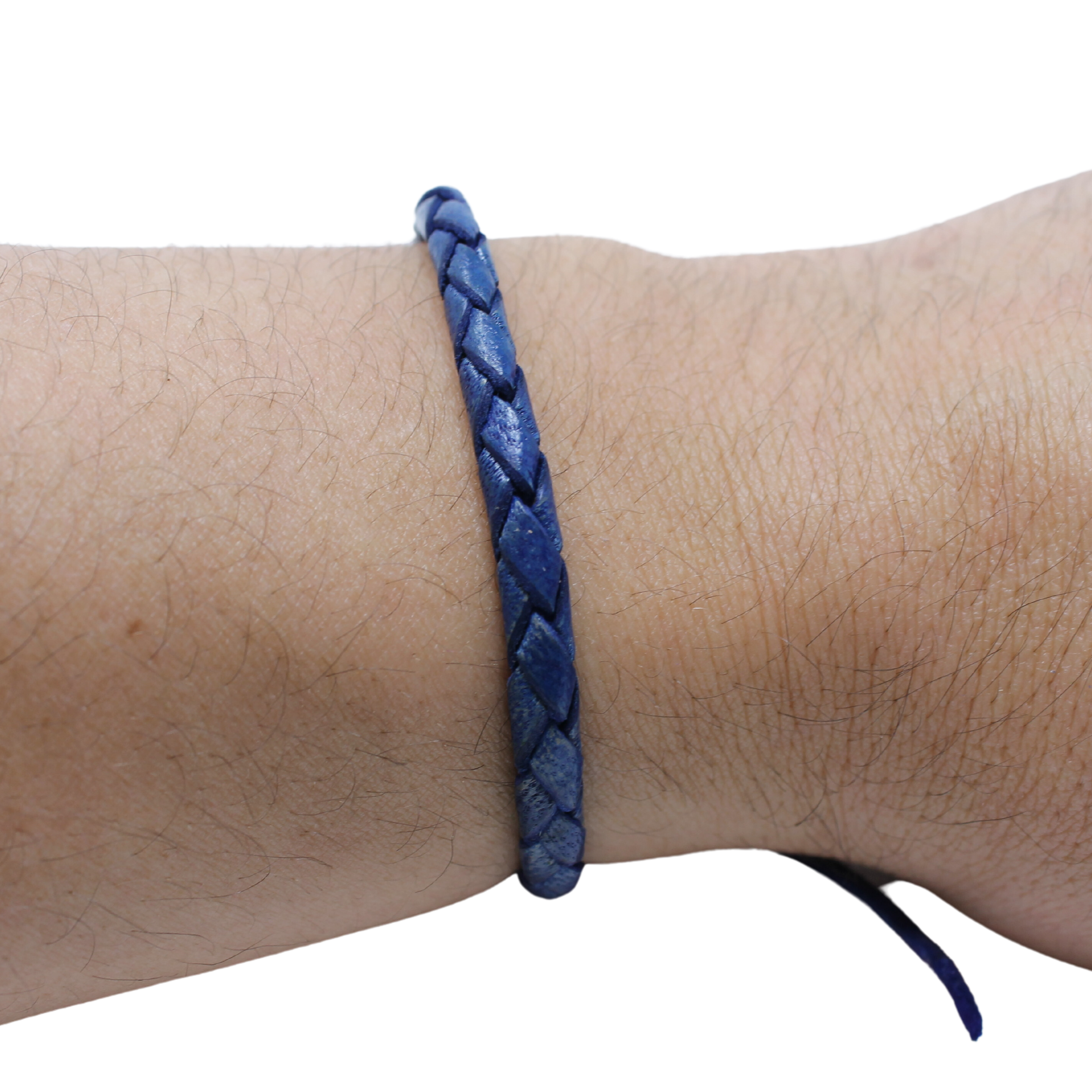 Adjustable twisted artisan leather bracelet jewelry for men and women in blue on wrist