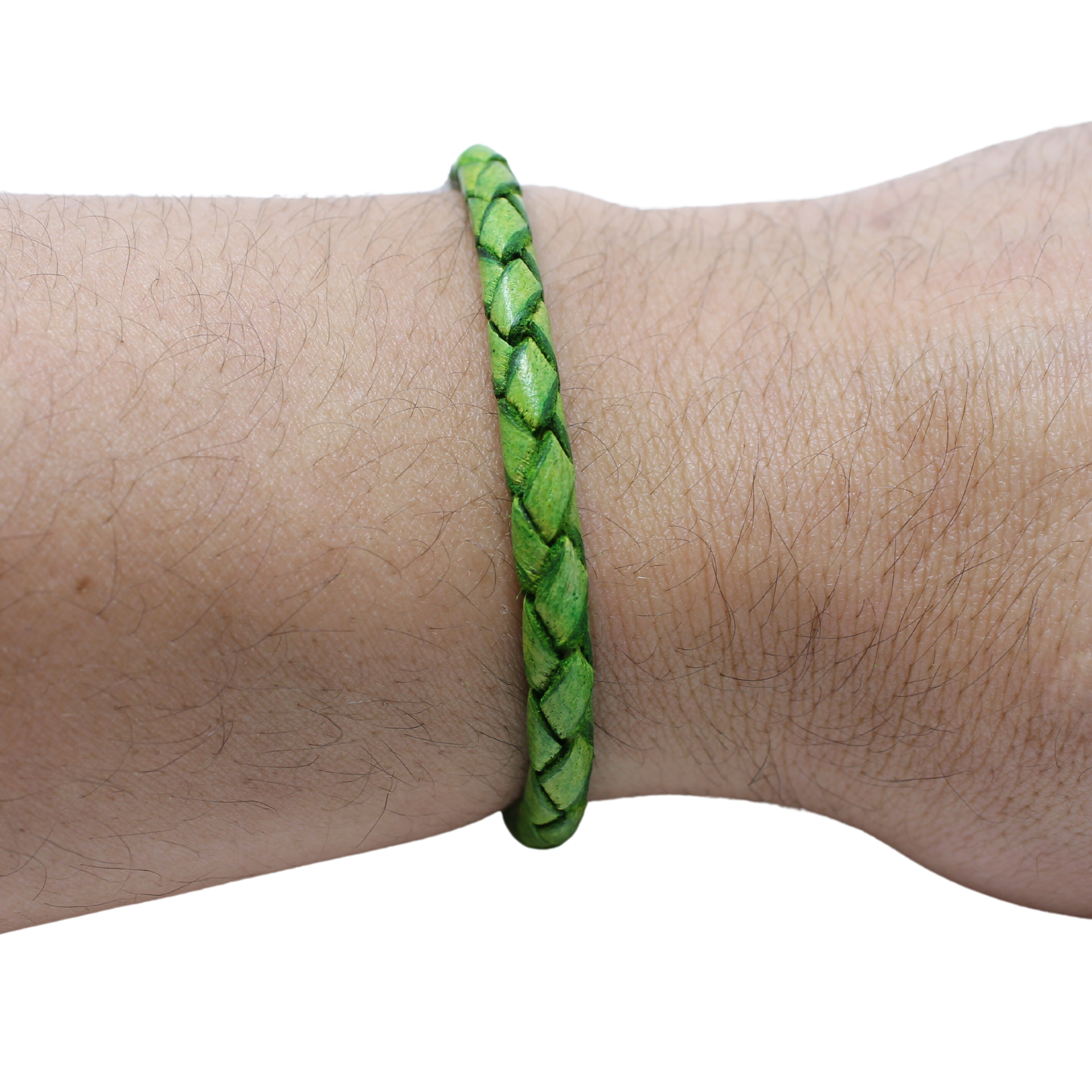 Adjustable twisted artisan leather bracelet jewelry for men and women in green on wrist