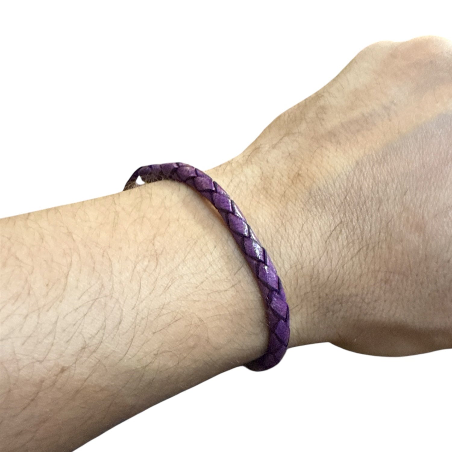 Adjustable twisted artisan leather bracelet jewelry for men and women in purple on wrist