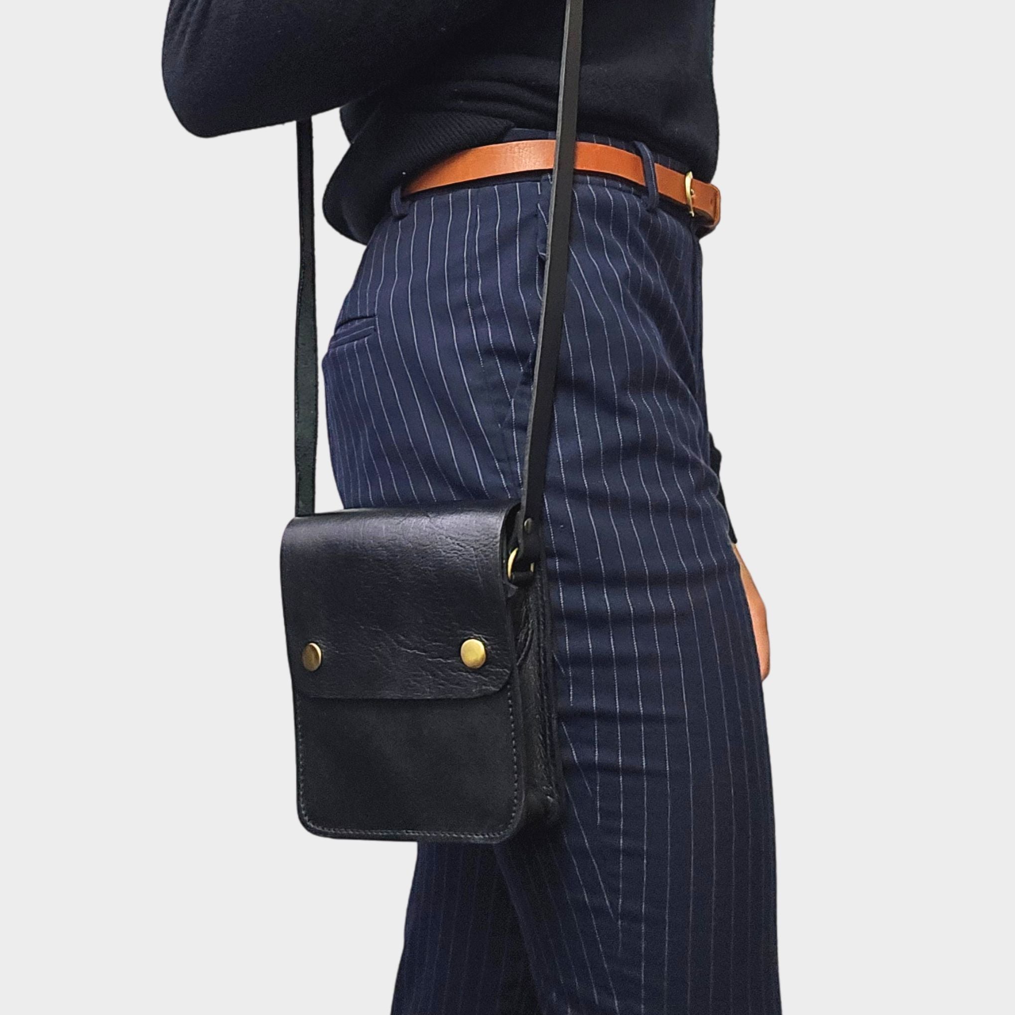Black Small Leather Crossbody Bag with Pop Bag Closure - Artisan Stories