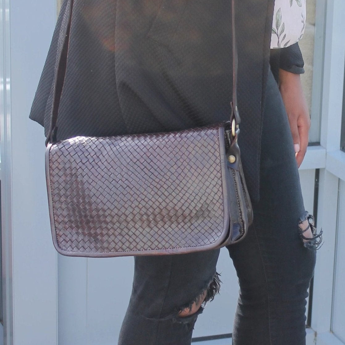 Charlotte Dark Brown Woven Leather Shoulder Bag - Artisan Stories
