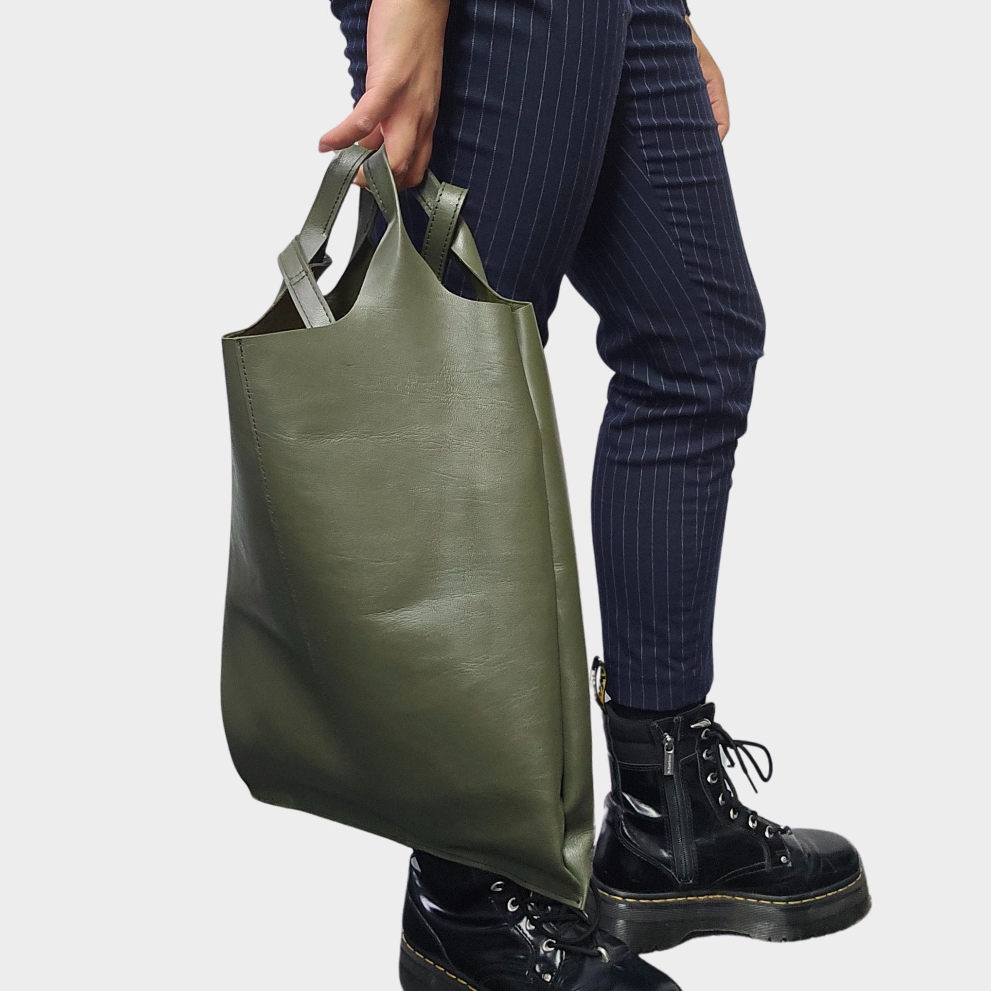 Classic Leather Tote carrier Bag - Khaki Green - Artisan Stories