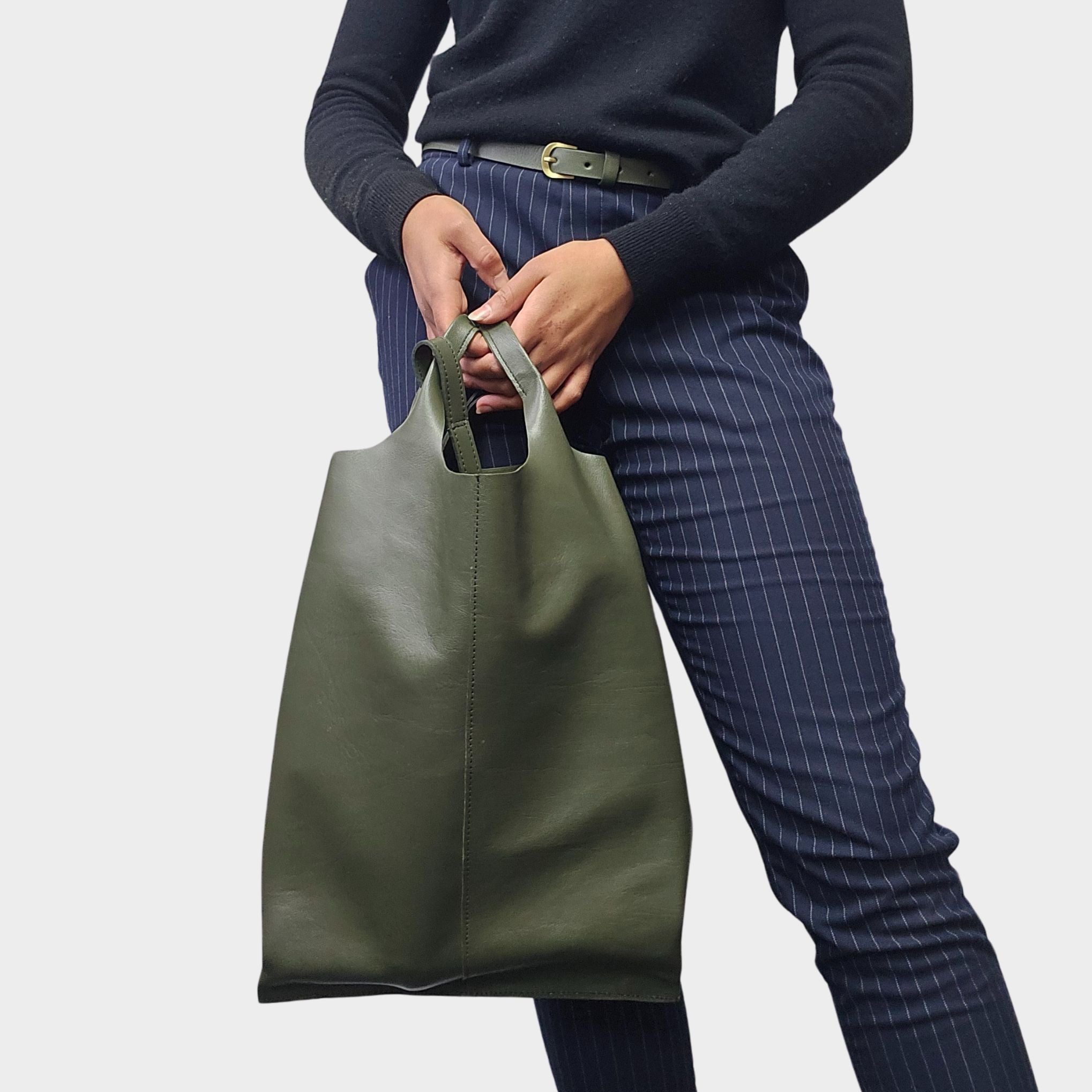 Classic Leather Tote carrier Bag - Khaki Green - Artisan Stories